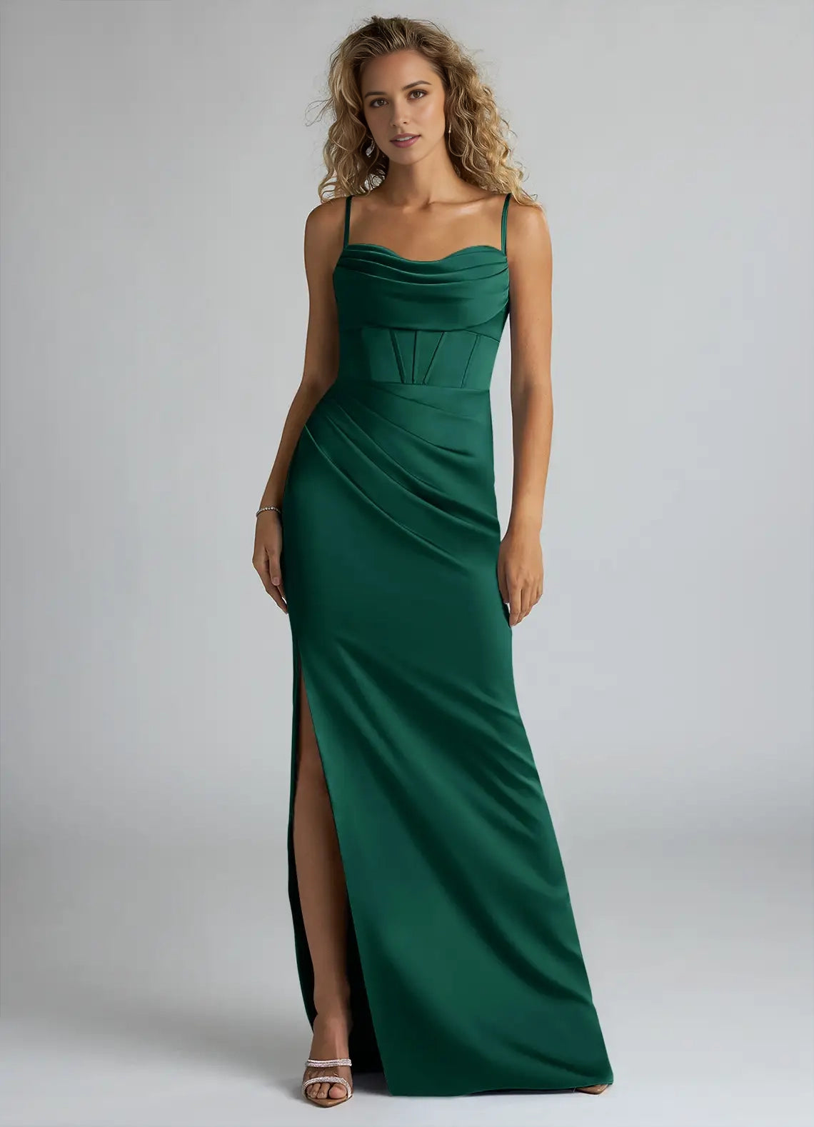 Emerald Green Satin Maxi Dress with Bow Back and Side Slit Sheath Pleated Stretch Satin Dress Bridesmaid Dresses