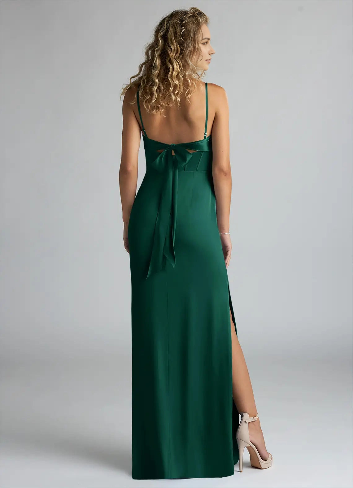 Emerald Green Satin Maxi Dress with Bow Back and Side Slit Sheath Pleated Stretch Satin Dress Bridesmaid Dresses