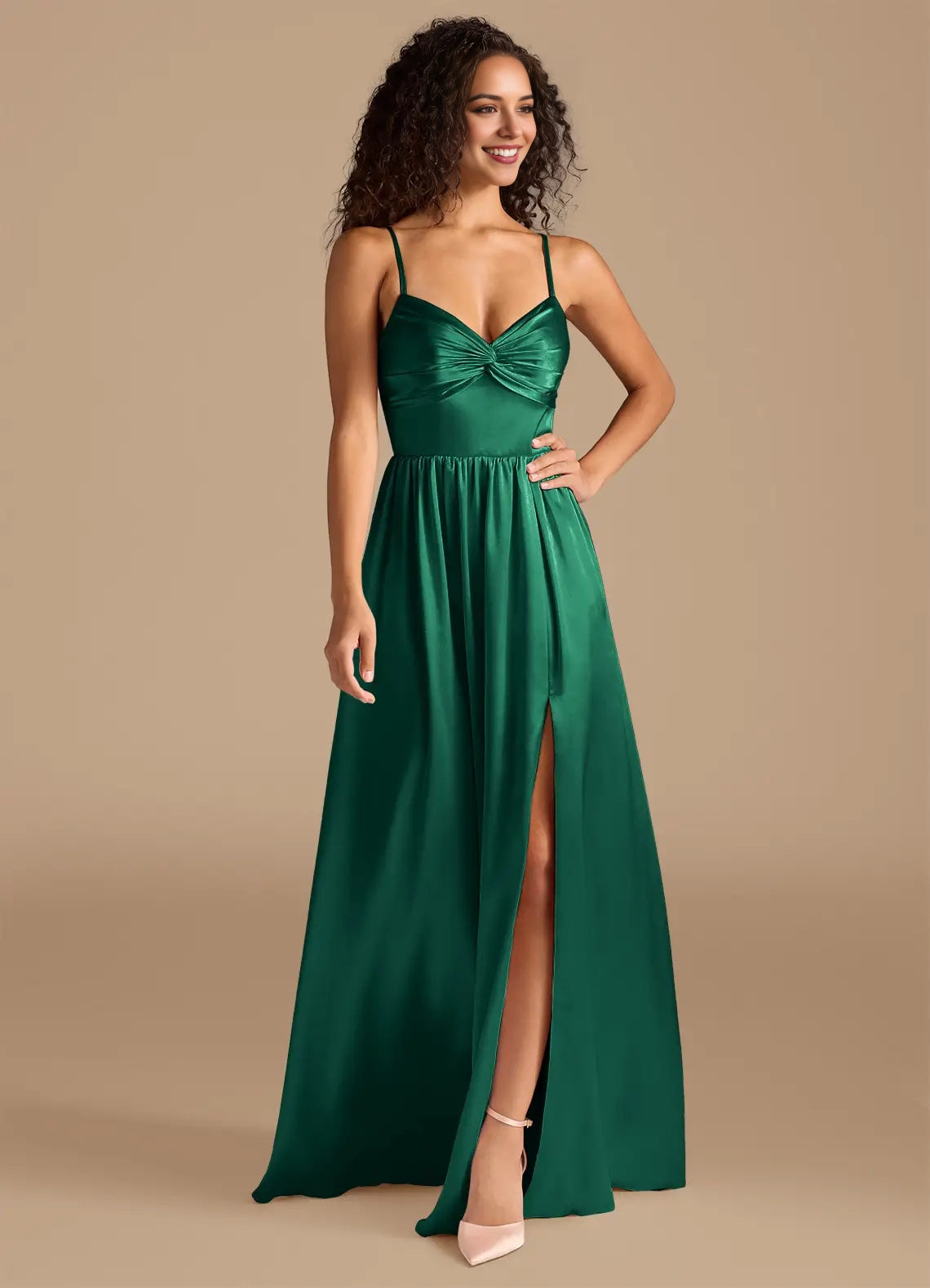 Emerald Green Satin Spaghetti Strap Maxi Dress with Bow Back and Side Slit Emerald A-Line Pleated Metallic Satin Dress Bridesmaid Dresses