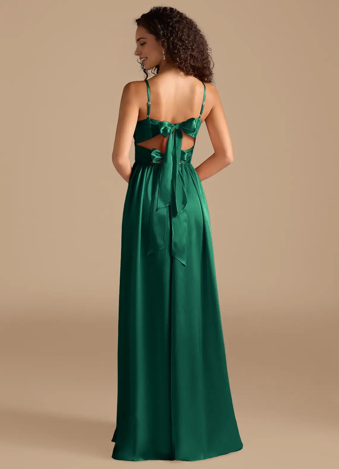Emerald Green Satin Spaghetti Strap Maxi Dress with Bow Back and Side Slit Emerald A-Line Pleated Metallic Satin Dress Bridesmaid Dresses