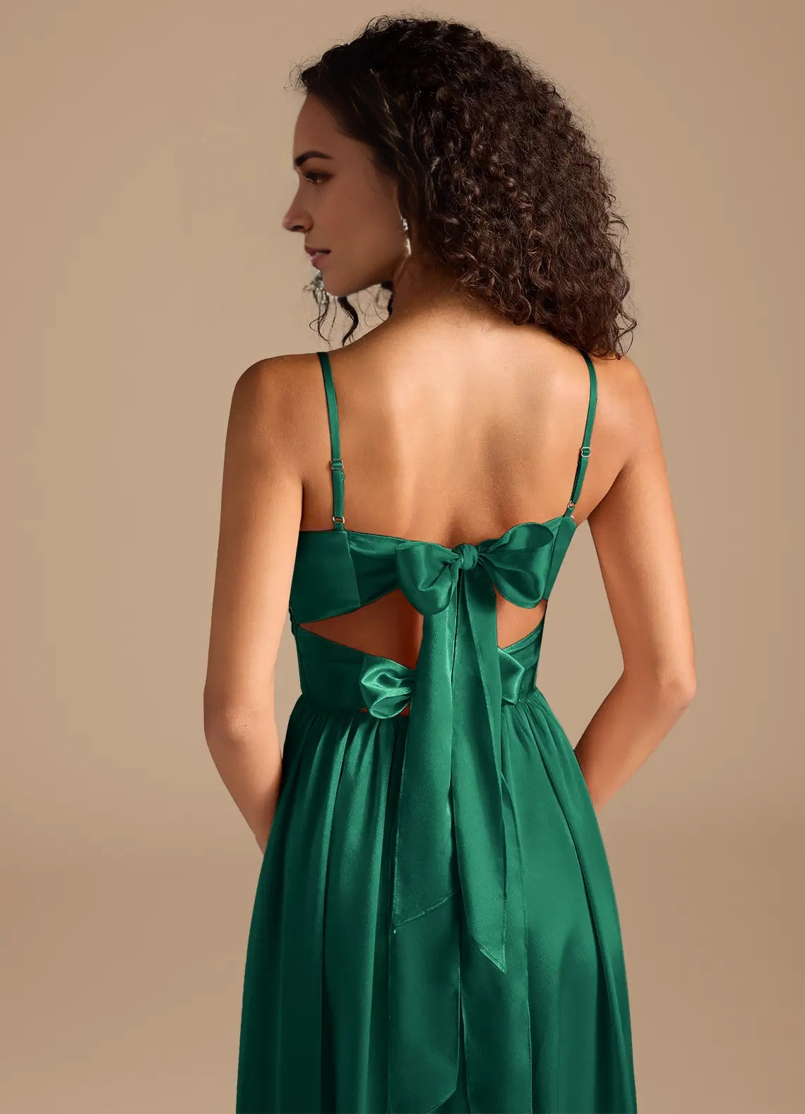 Emerald Green Satin Spaghetti Strap Maxi Dress with Bow Back and Side Slit Emerald A-Line Pleated Metallic Satin Dress Bridesmaid Dresses