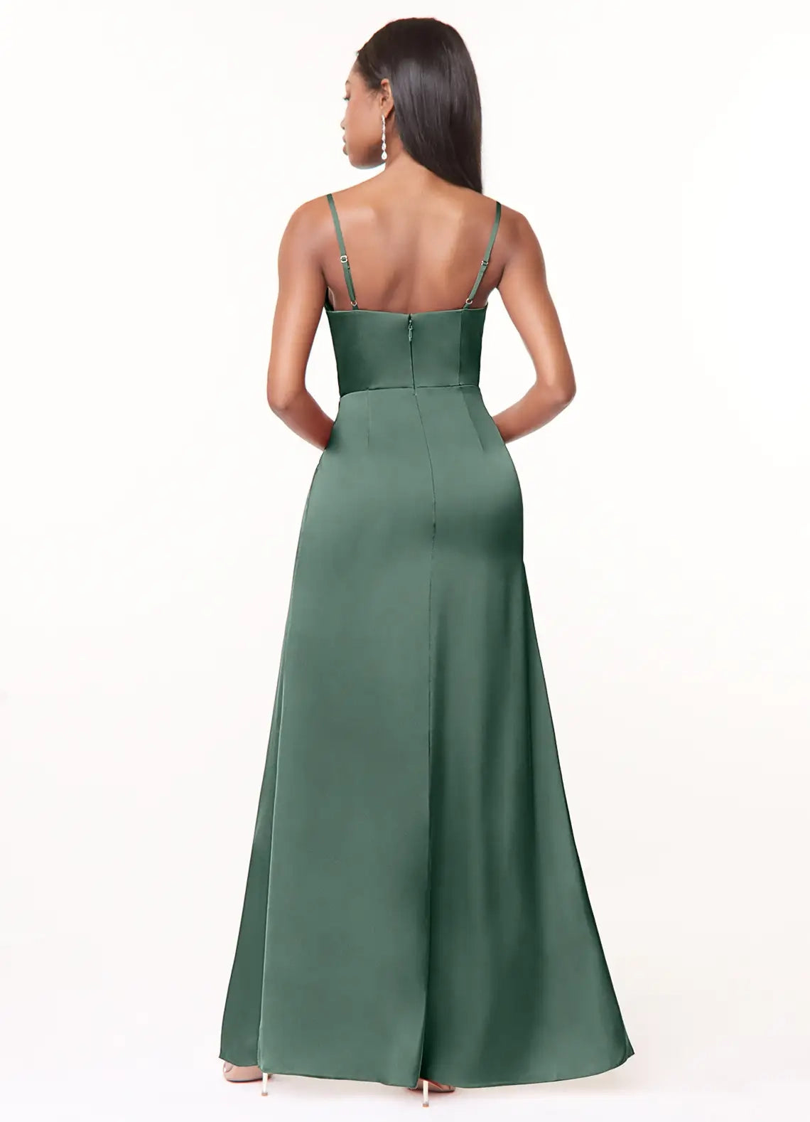 Emerald Green Satin Spaghetti Strap Maxi Dress with Side Slit Eucalyptus A-Line V-Neck Pleated Stretch Satin Dress Bridesmaid Dresses