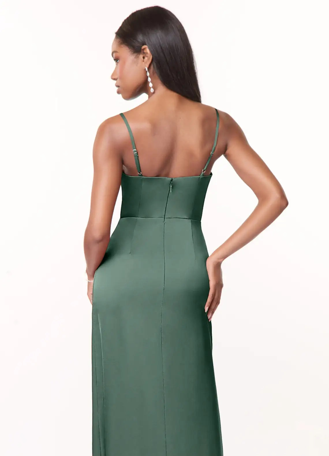 Emerald Green Satin Spaghetti Strap Maxi Dress with Side Slit Eucalyptus A-Line V-Neck Pleated Stretch Satin Dress Bridesmaid Dresses