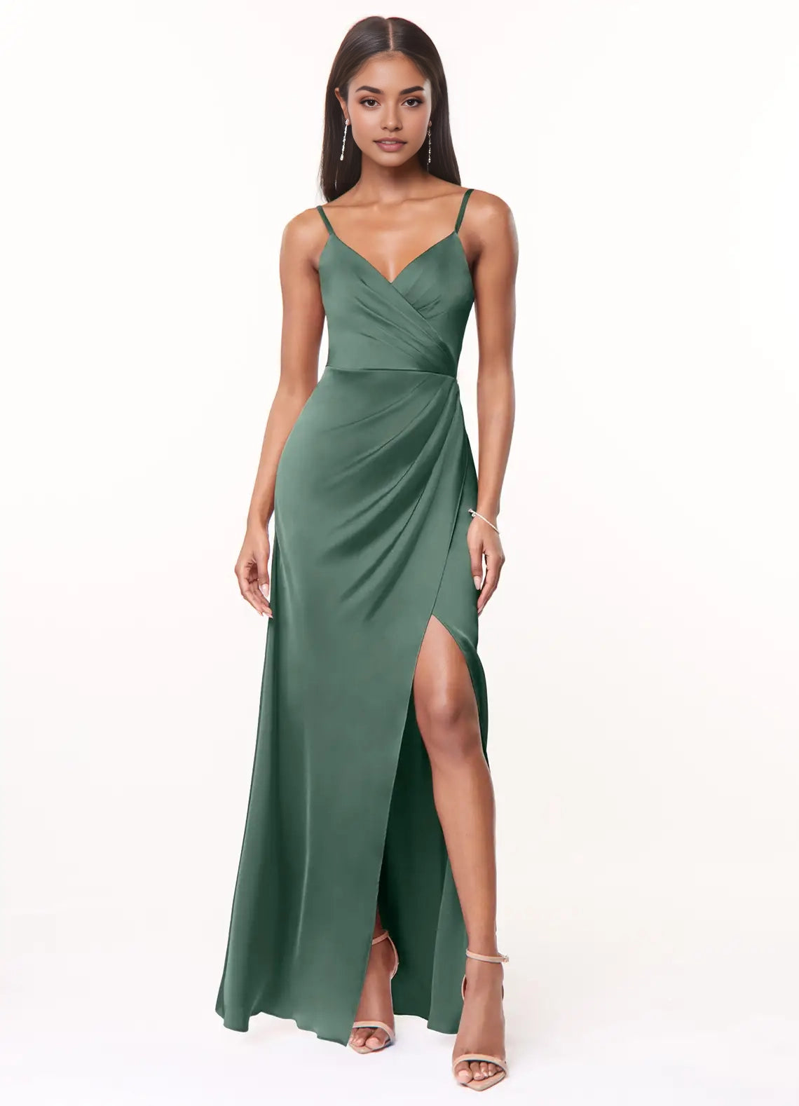 Emerald Green Satin Spaghetti Strap Maxi Dress with Side Slit Eucalyptus A-Line V-Neck Pleated Stretch Satin Dress Bridesmaid Dresses
