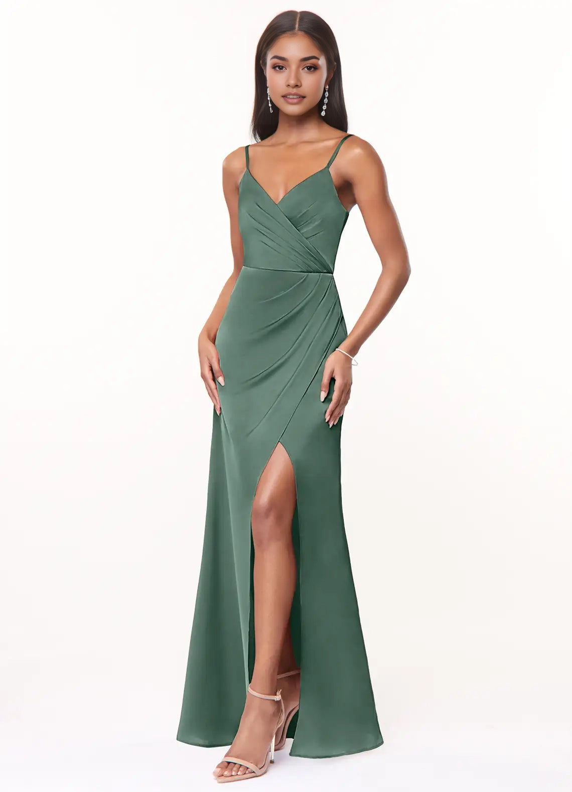 Emerald Green Satin Spaghetti Strap Maxi Dress with Side Slit Eucalyptus A-Line V-Neck Pleated Stretch Satin Dress Bridesmaid Dresses