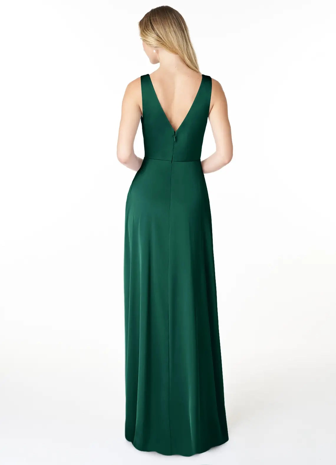 Emerald Green Satin V-Neck Maxi Dress with Side Slit and Pockets  A-Line V-Neck Pleated Stretch Satin Dress Bridesmaid Dresses