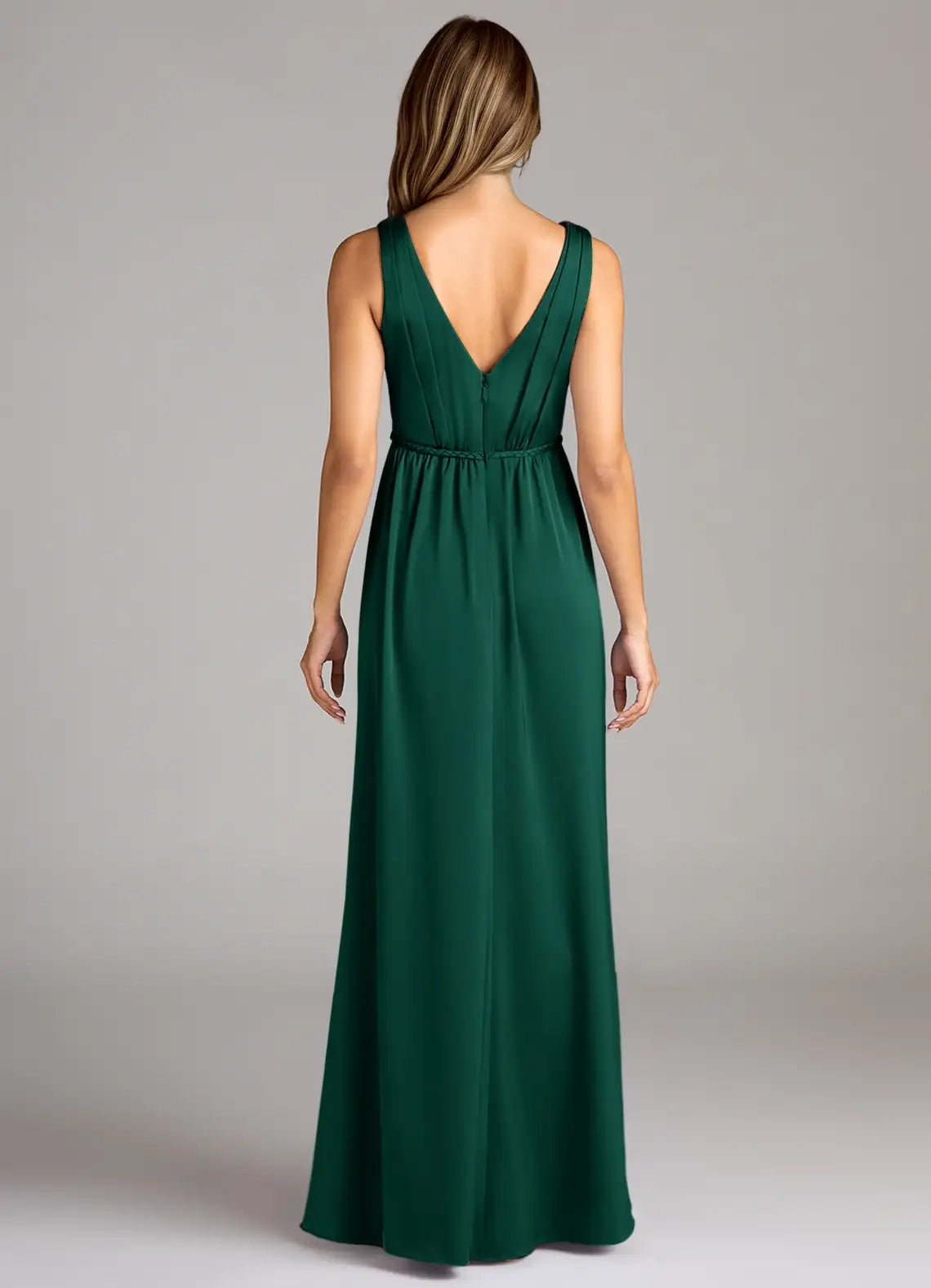 Emerald Green V-Neck Maxi Dress with Side Slit and Open Back Emerald A-Line Pleated Stretch Satin Dress Bridesmaid Dresses