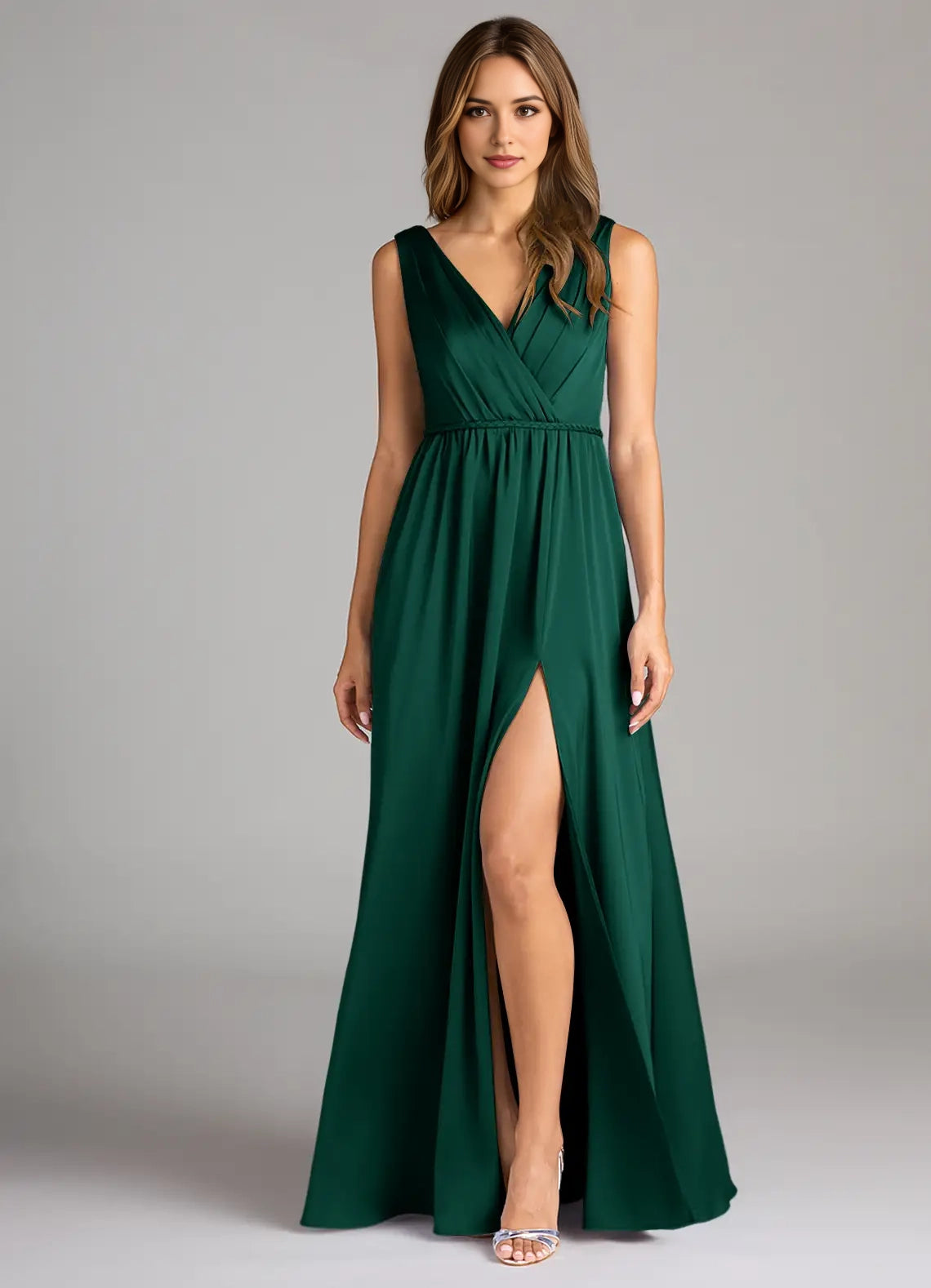 Emerald Green V-Neck Maxi Dress with Side Slit and Open Back Emerald A-Line Pleated Stretch Satin Dress Bridesmaid Dresses