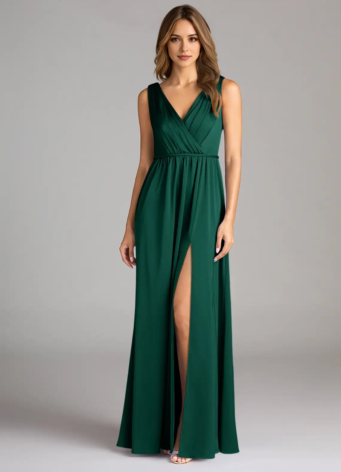 Emerald Green V-Neck Maxi Dress with Side Slit and Open Back Emerald A-Line Pleated Stretch Satin Dress Bridesmaid Dresses