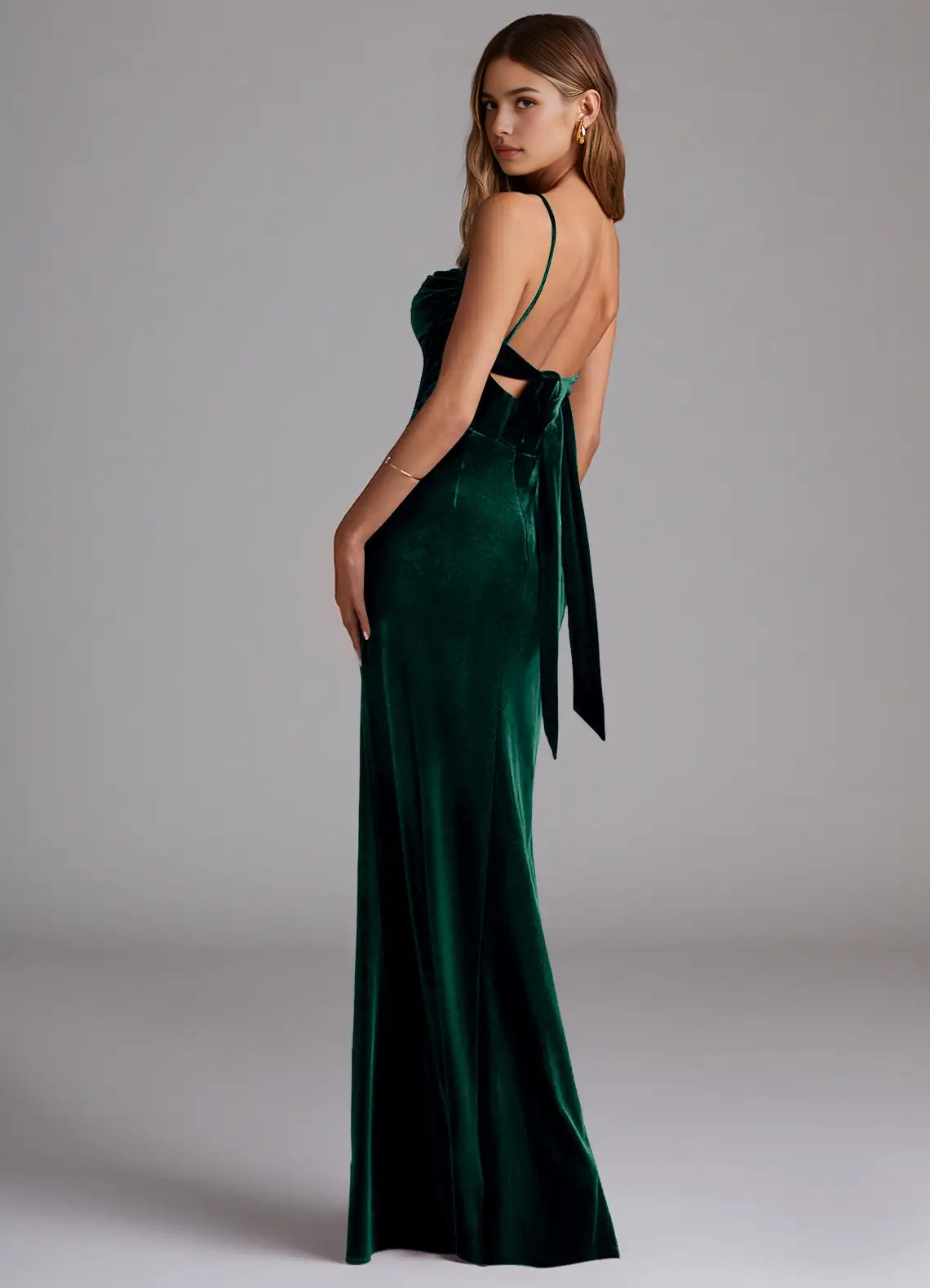 Emerald Green Velvet Cowl Neck Maxi Dress with Back Bow Sheath Sweetheart Neckline Velvet Dress Bridesmaid Dresses