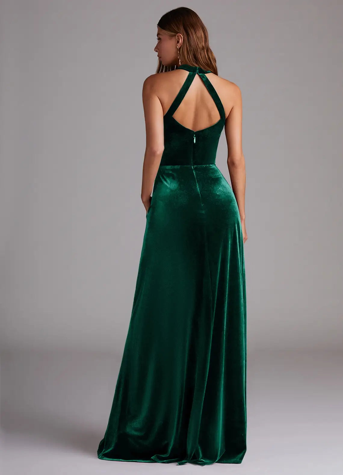 Emerald Green Velvet Halter Neck Evening Gown with Side Slit A-Line with Pockets Velvet Bridesmaid Dresses