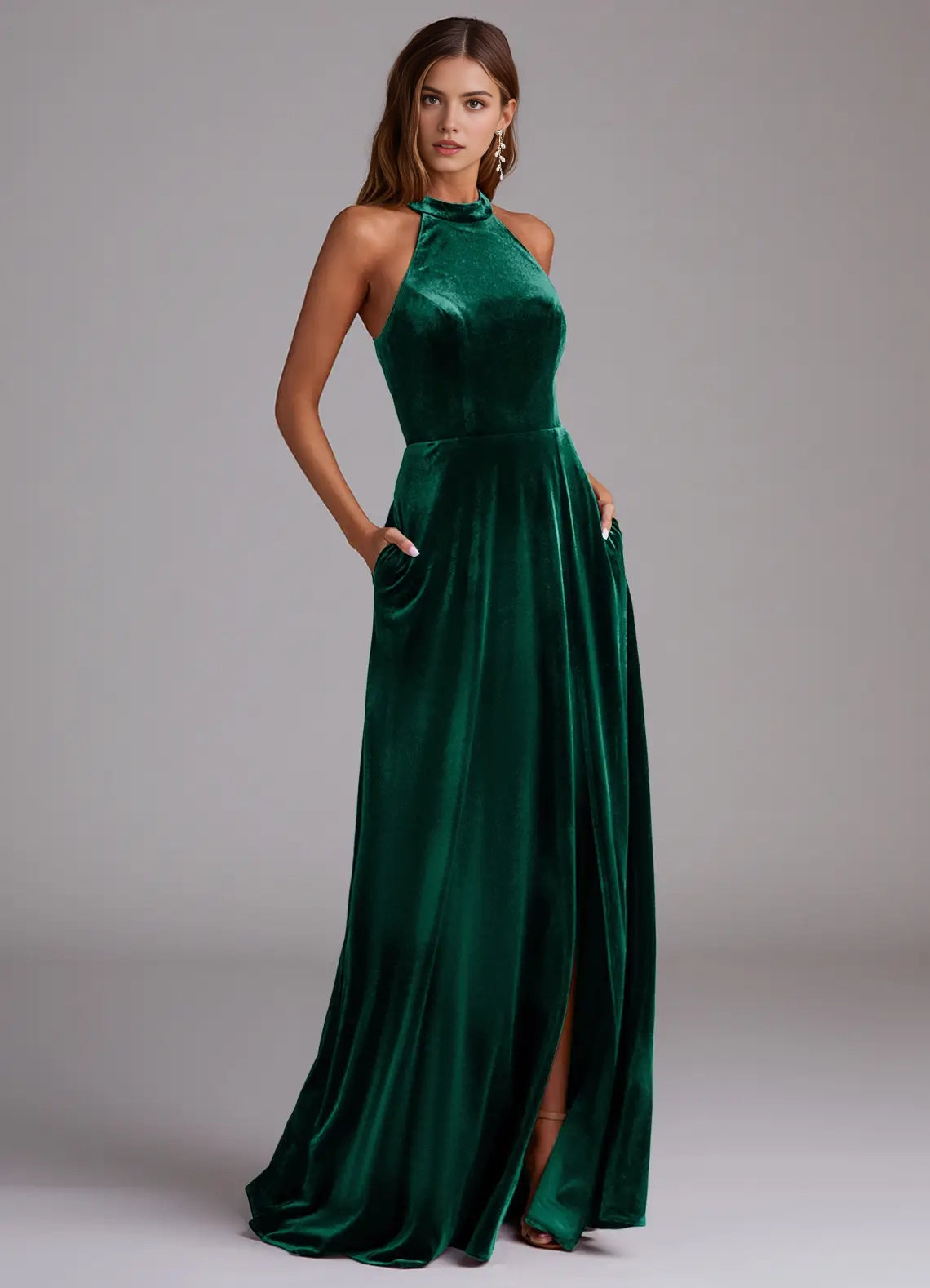 Emerald Green Velvet Halter Neck Evening Gown with Side Slit A-Line with Pockets Velvet Bridesmaid Dresses
