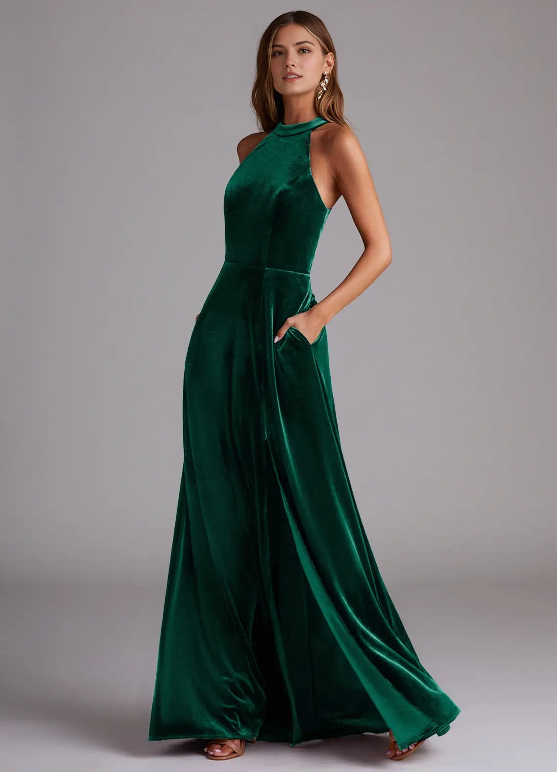 Emerald Green Velvet Halter Neck Evening Gown with Side Slit A-Line with Pockets Velvet Bridesmaid Dresses