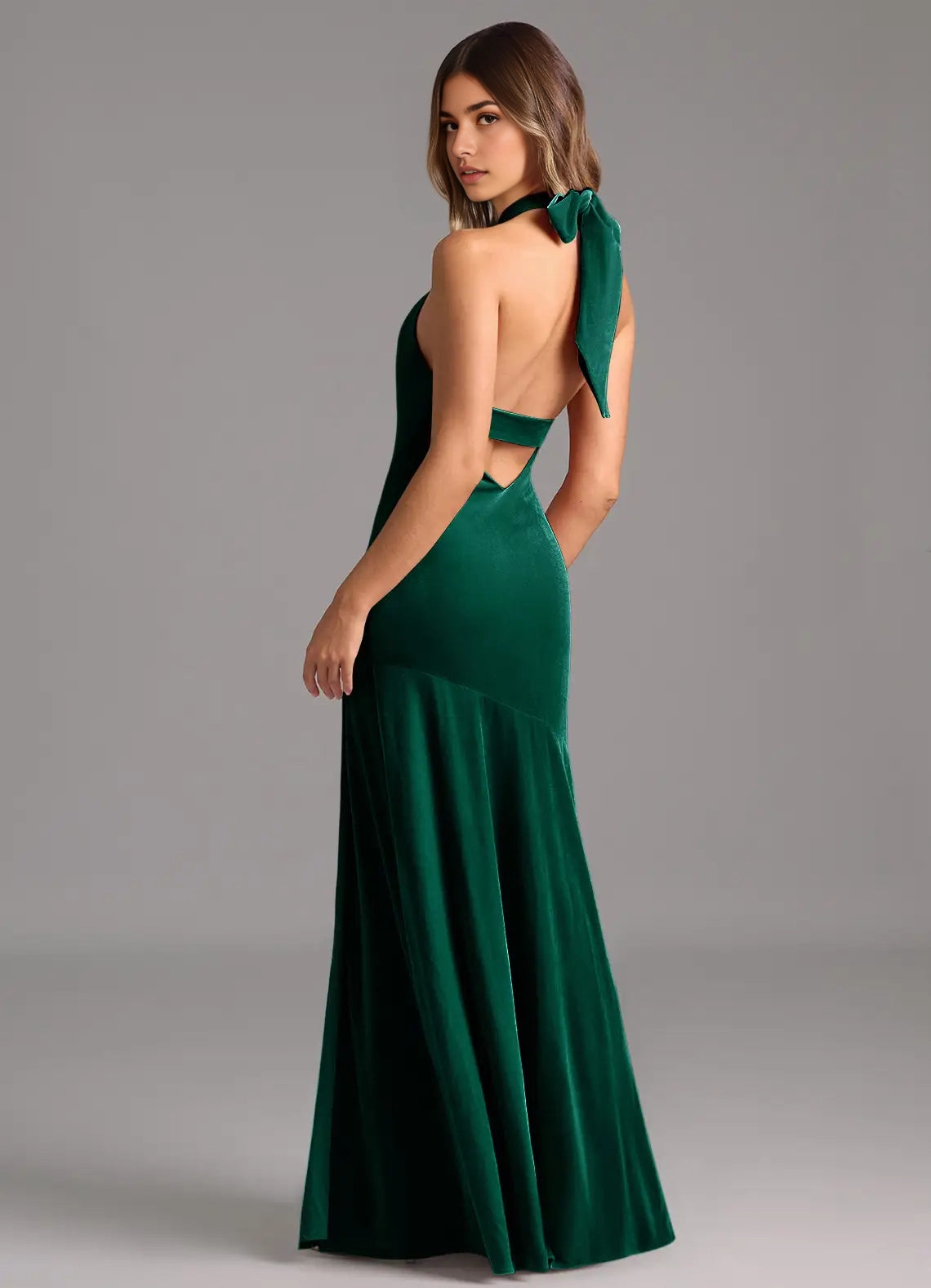 Emerald Green Velvet Halter Neck Maxi Dress with Side Slit and Open Back Emerald A-Line Pleated Velvet Dress Bridesmaid Dresses