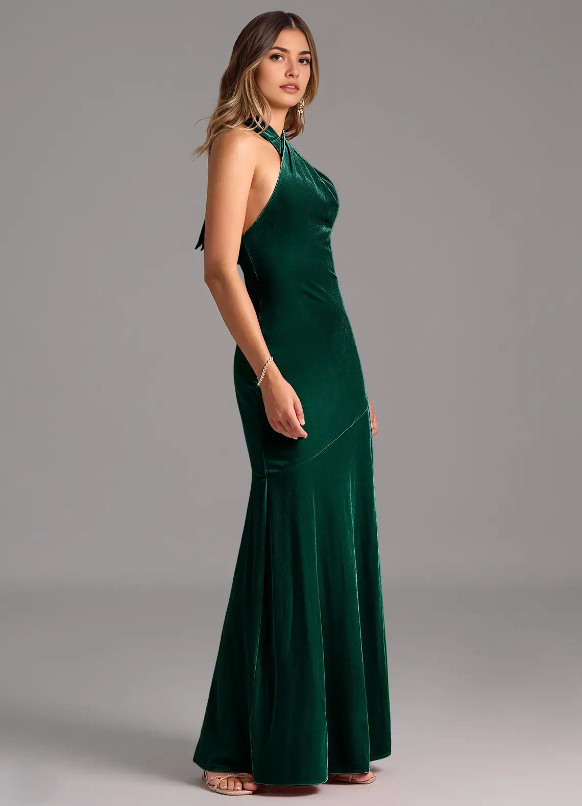 Emerald Green Velvet Halter Neck Maxi Dress with Side Slit and Open Back Emerald A-Line Pleated Velvet Dress Bridesmaid Dresses