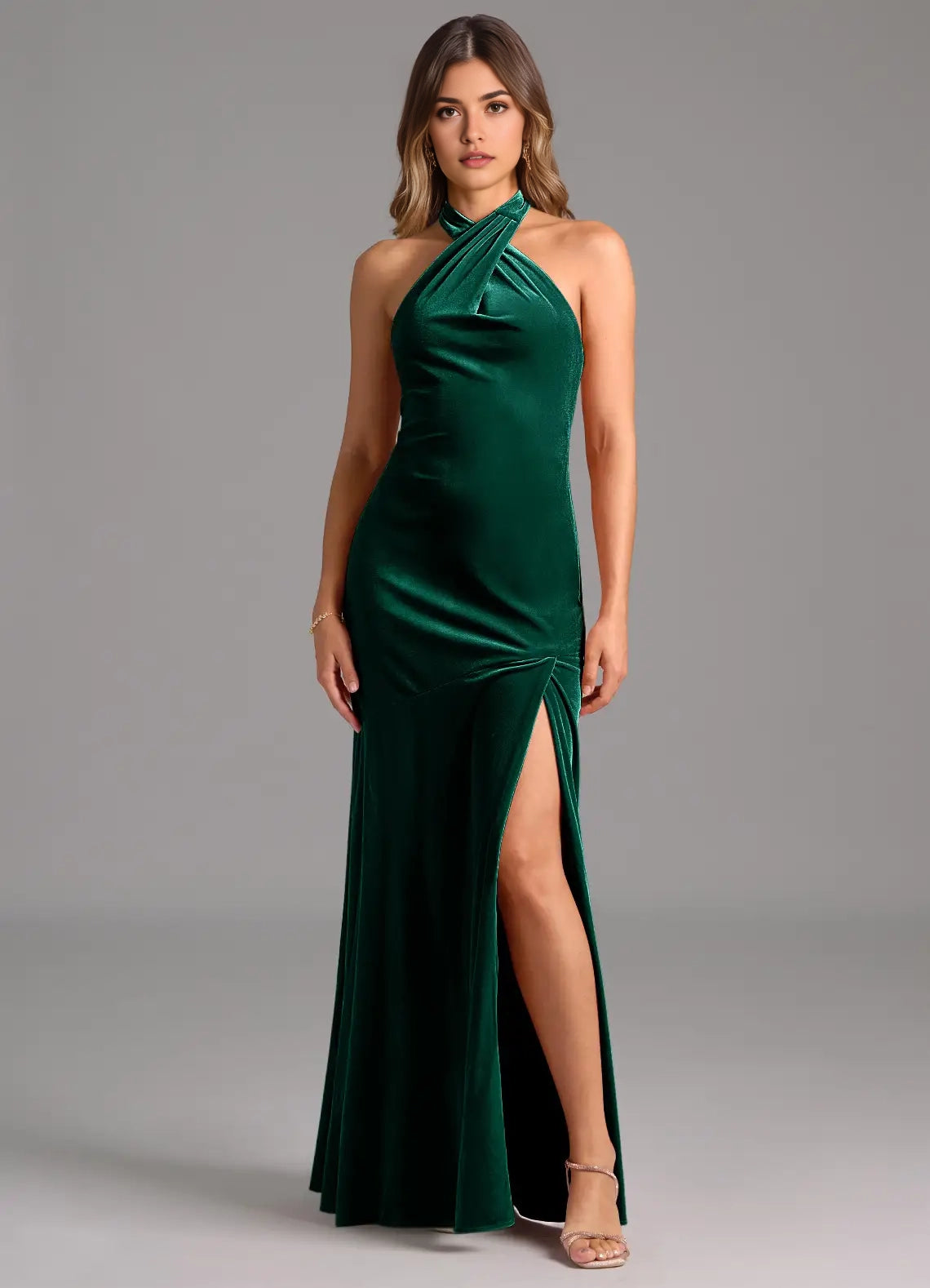 Emerald Green Velvet Halter Neck Maxi Dress with Side Slit and Open Back Emerald A-Line Pleated Velvet Dress Bridesmaid Dresses