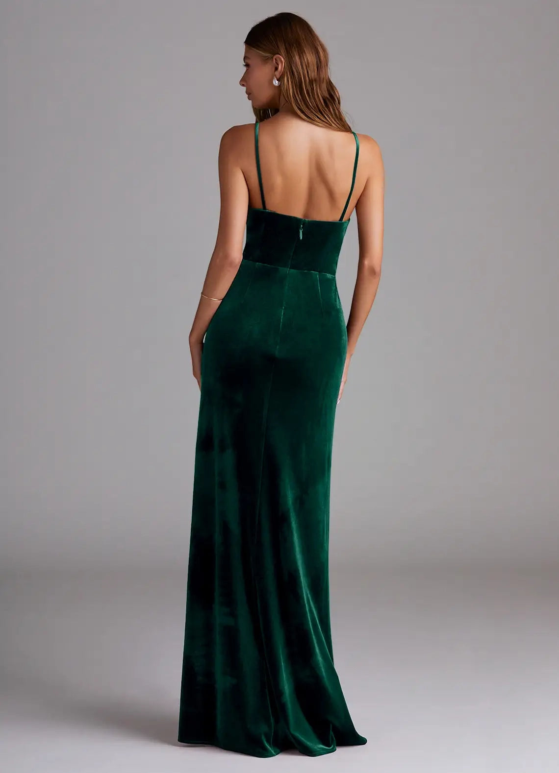Emerald Green Velvet Spaghetti Strap Maxi Dress with Side Slit Sheath Pleated Velvet Dress Bridesmaid Dresses