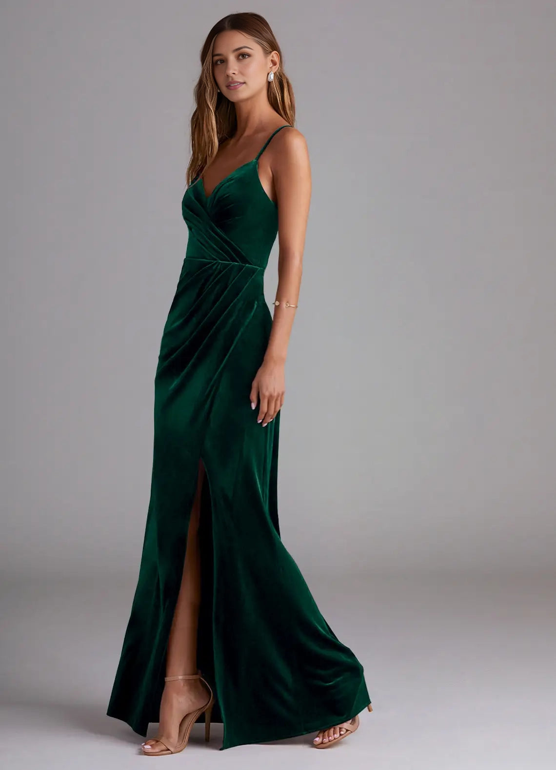 Emerald Green Velvet Spaghetti Strap Maxi Dress with Side Slit Sheath Pleated Velvet Dress Bridesmaid Dresses