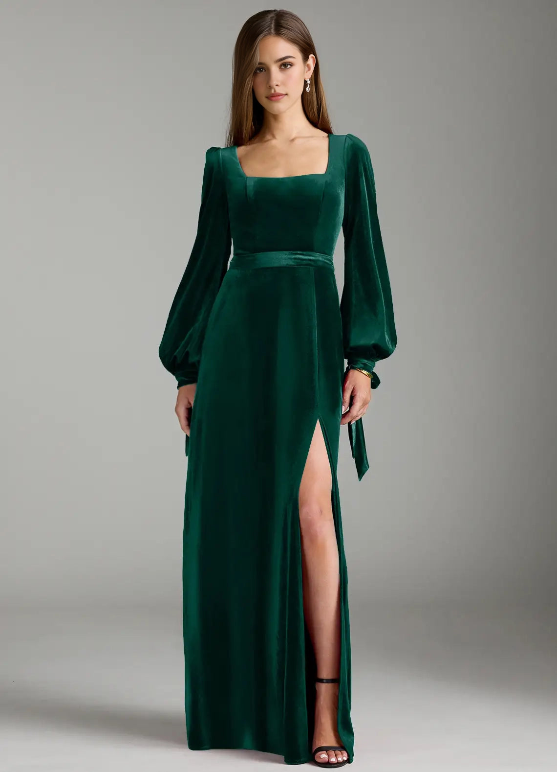 Emerald Green Velvet Square Neck Maxi Dress with Side Slit A-Line Long Sleeve Velvet Dress Bridesmaid Dresses