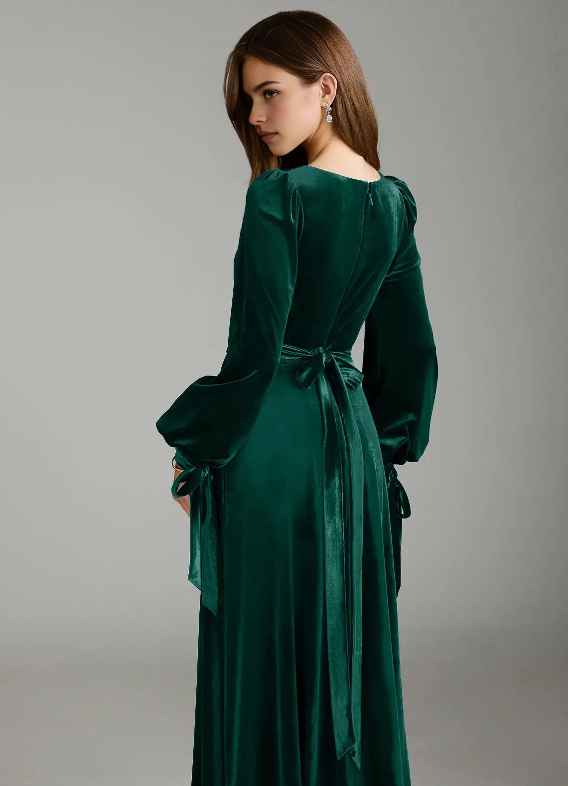 Emerald Green Velvet Square Neck Maxi Dress with Side Slit A-Line Long Sleeve Velvet Dress Bridesmaid Dresses