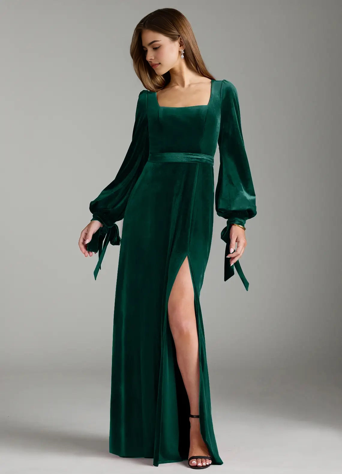 Emerald Green Velvet Square Neck Maxi Dress with Side Slit A-Line Long Sleeve Velvet Dress Bridesmaid Dresses
