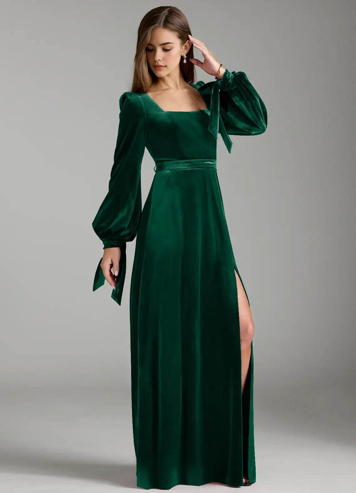 Emerald Green Velvet Square Neck Maxi Dress with Side Slit A-Line Long Sleeve Velvet Dress Bridesmaid Dresses