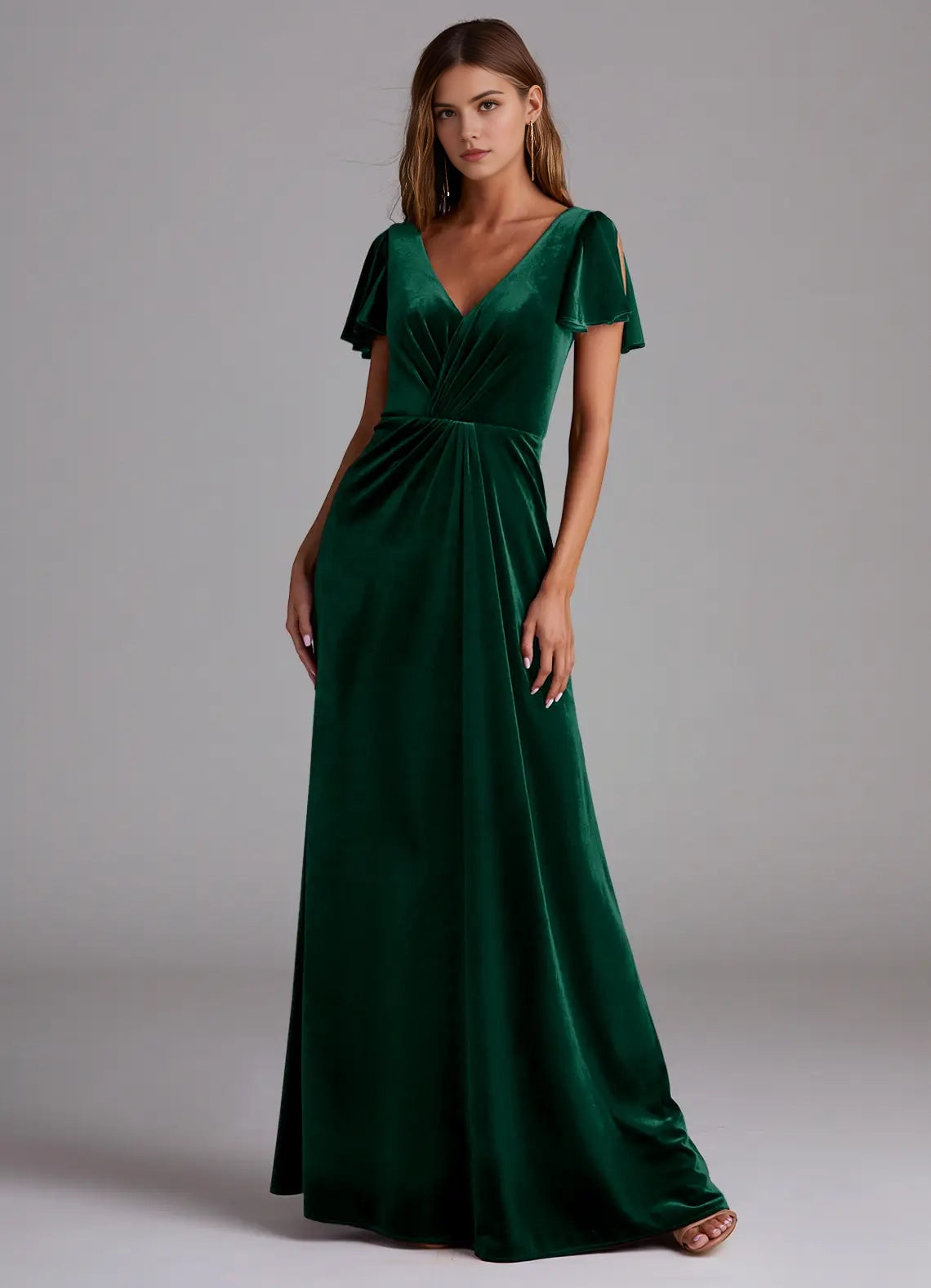 Emerald Green Velvet V-Neck Evening Gown with Flutter Sleeves A-Line Bridesmaid Dresses