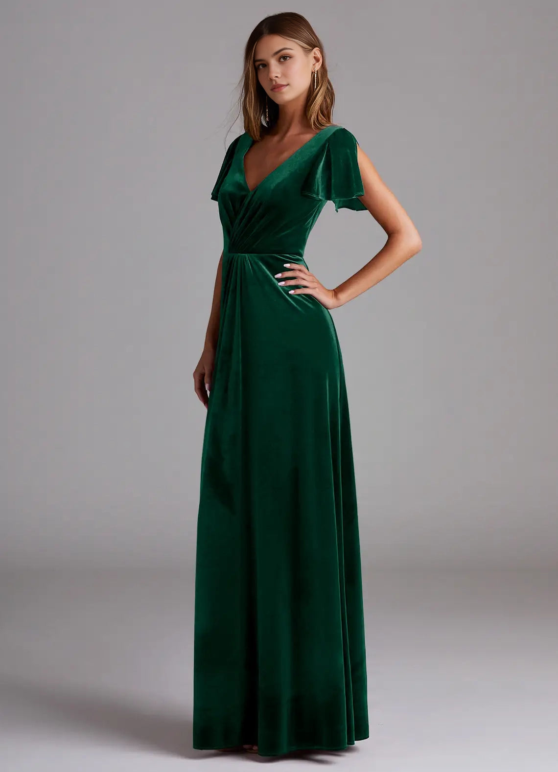Emerald Green Velvet V-Neck Evening Gown with Flutter Sleeves A-Line Bridesmaid Dresses