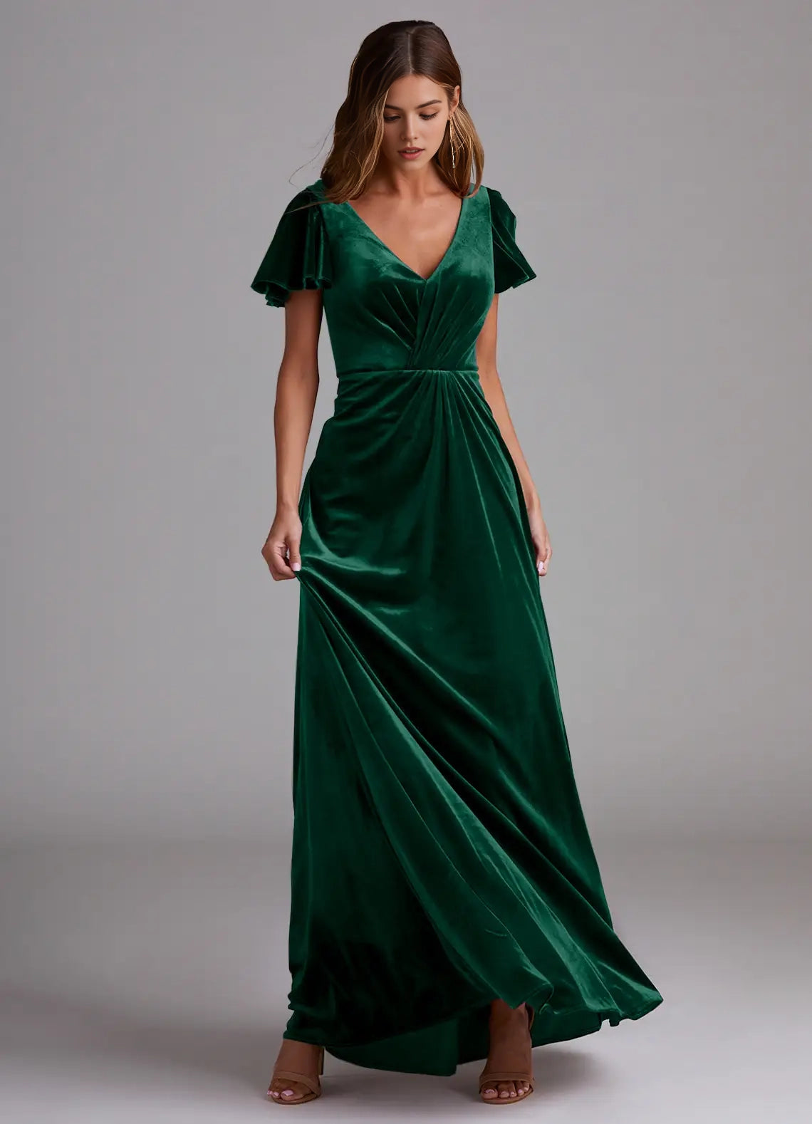 Emerald Green Velvet V-Neck Evening Gown with Flutter Sleeves A-Line Bridesmaid Dresses