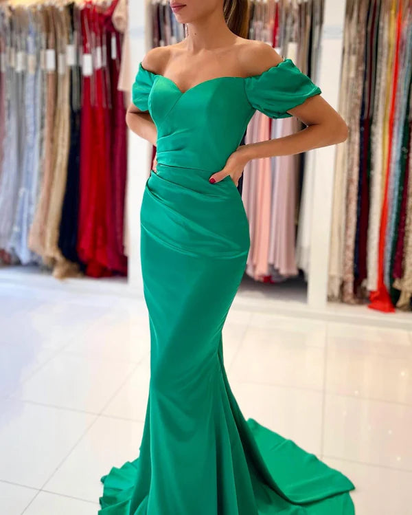 Emerald Green Mermaid Prom Dress Off-the-Shoulder Simple gentle atmospheric and unique design