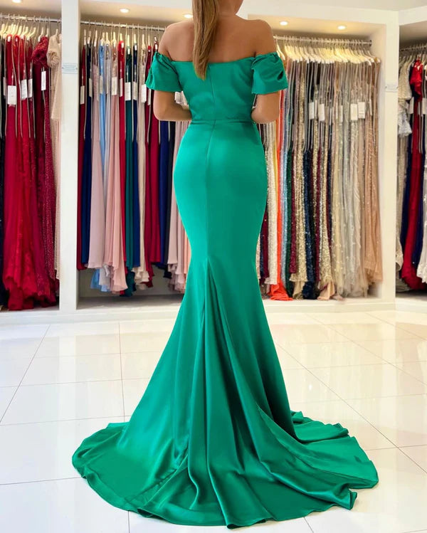 Emerald Green Mermaid Prom Dress Off-the-Shoulder Simple gentle atmospheric and unique design