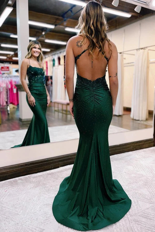 Emerald Green Prom Dress Spaghetti-Straps Mermaid Sleeveless Simple gentle atmospheric and unique design  ﻿