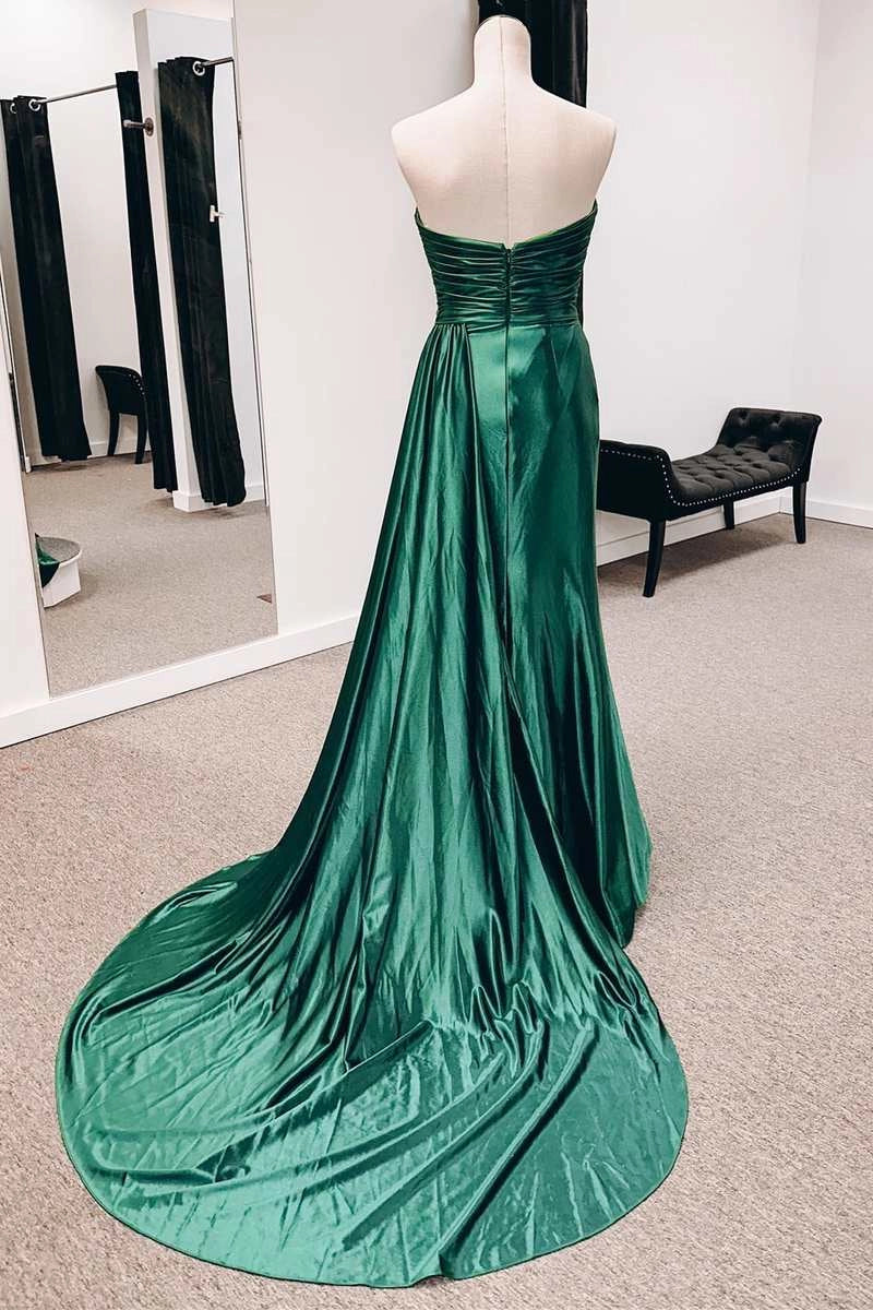 Emerald Green Satin Strapless Long Formal Dresses with Train simple gentle atmospheric and unique desi Bring summer colors to enhance whiteness