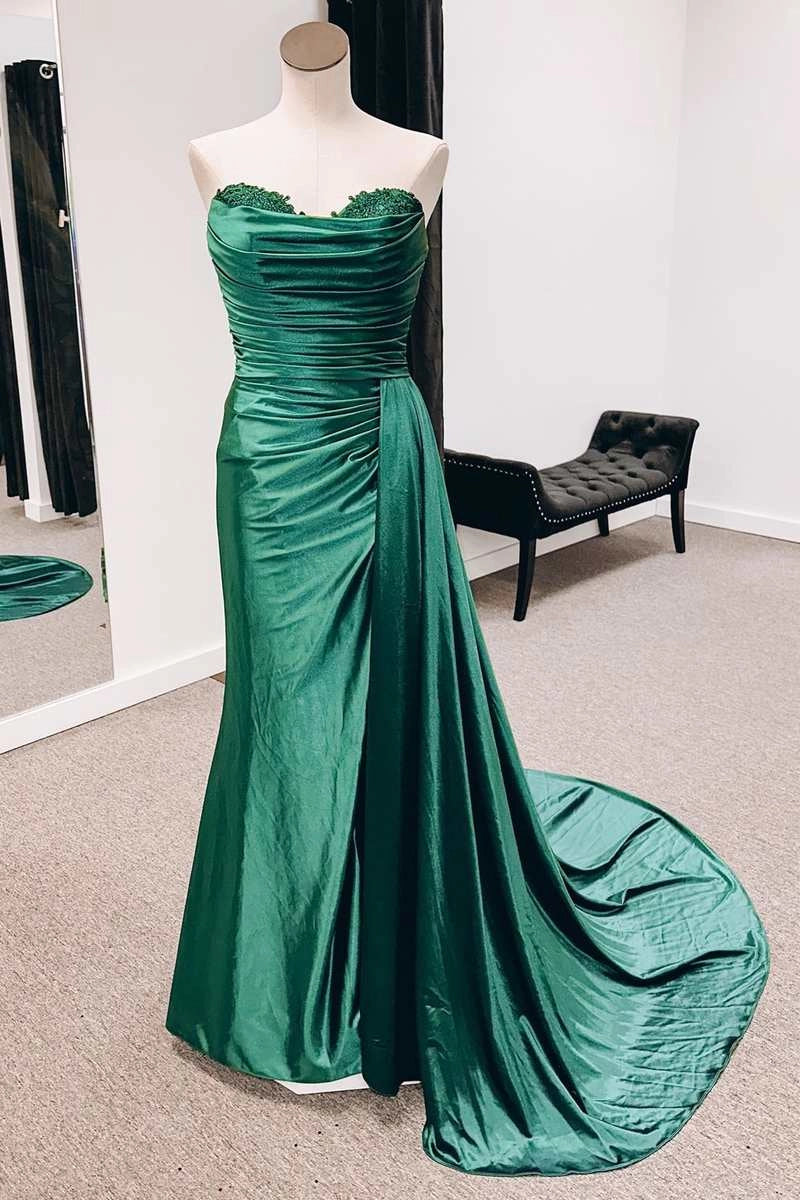 Emerald Green Satin Strapless Long Formal Dresses with Train simple gentle atmospheric and unique desi Bring summer colors to enhance whiteness