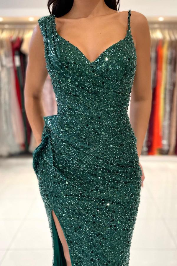 Emerald Green Sequins Prom Dress Mermaid Sleeveless With Slit Simple gentle atmospheric and unique design