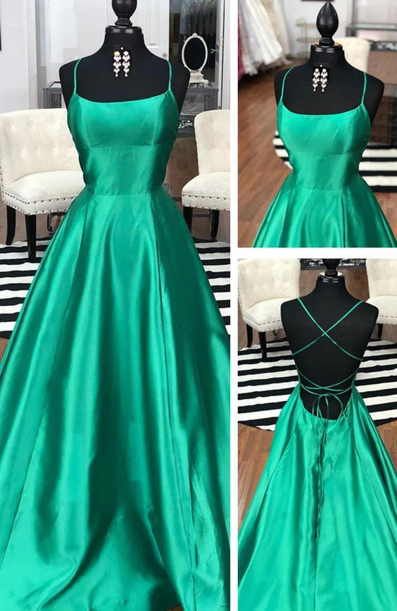 Emerald satin dress with a square neckline design and cross straps at the back, suitable for dinners, dances, and other occasions