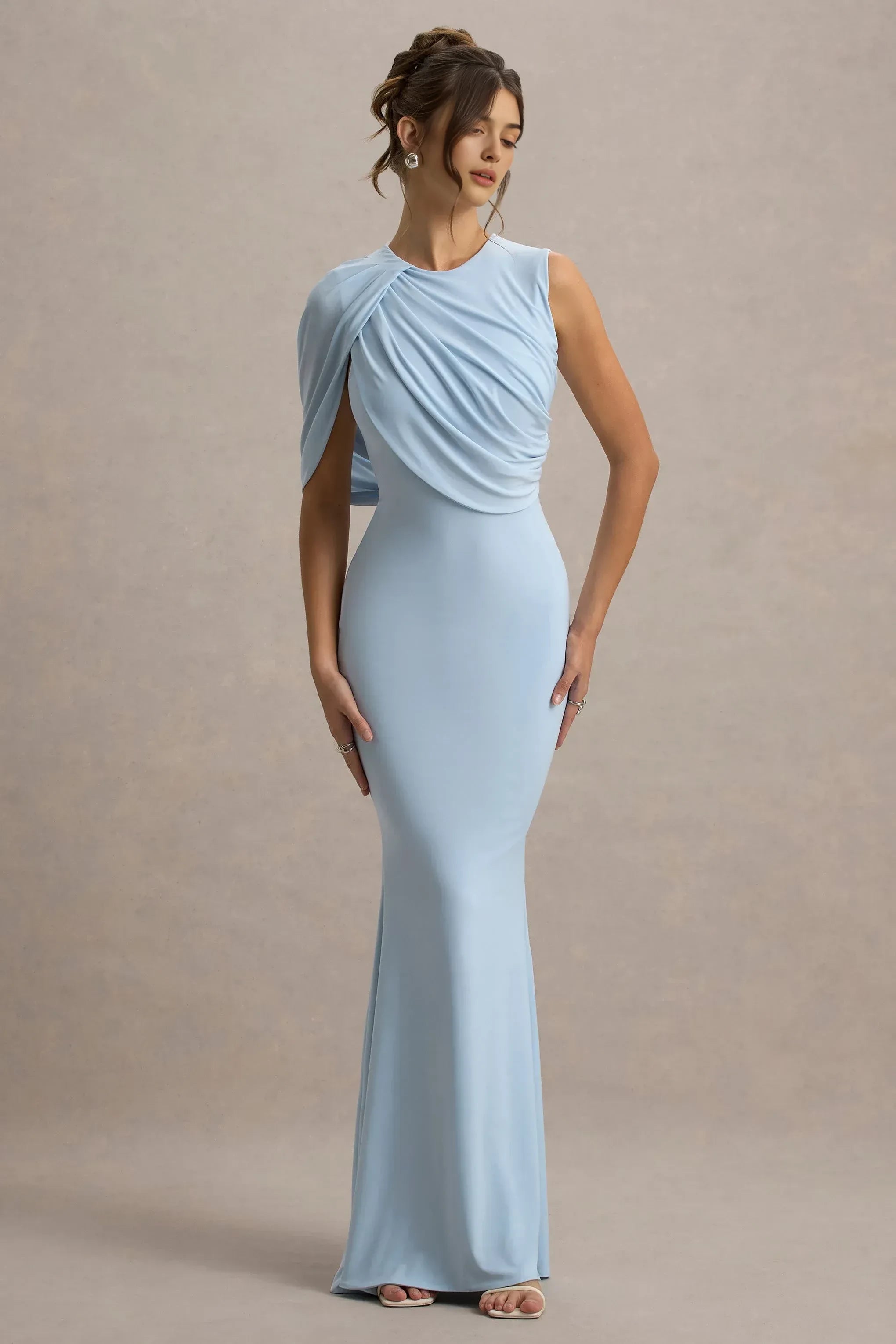 Enchanting Mermaid Crew Neck Asymmetric Draped Sleeve Open Back Floor Length Prom Dress