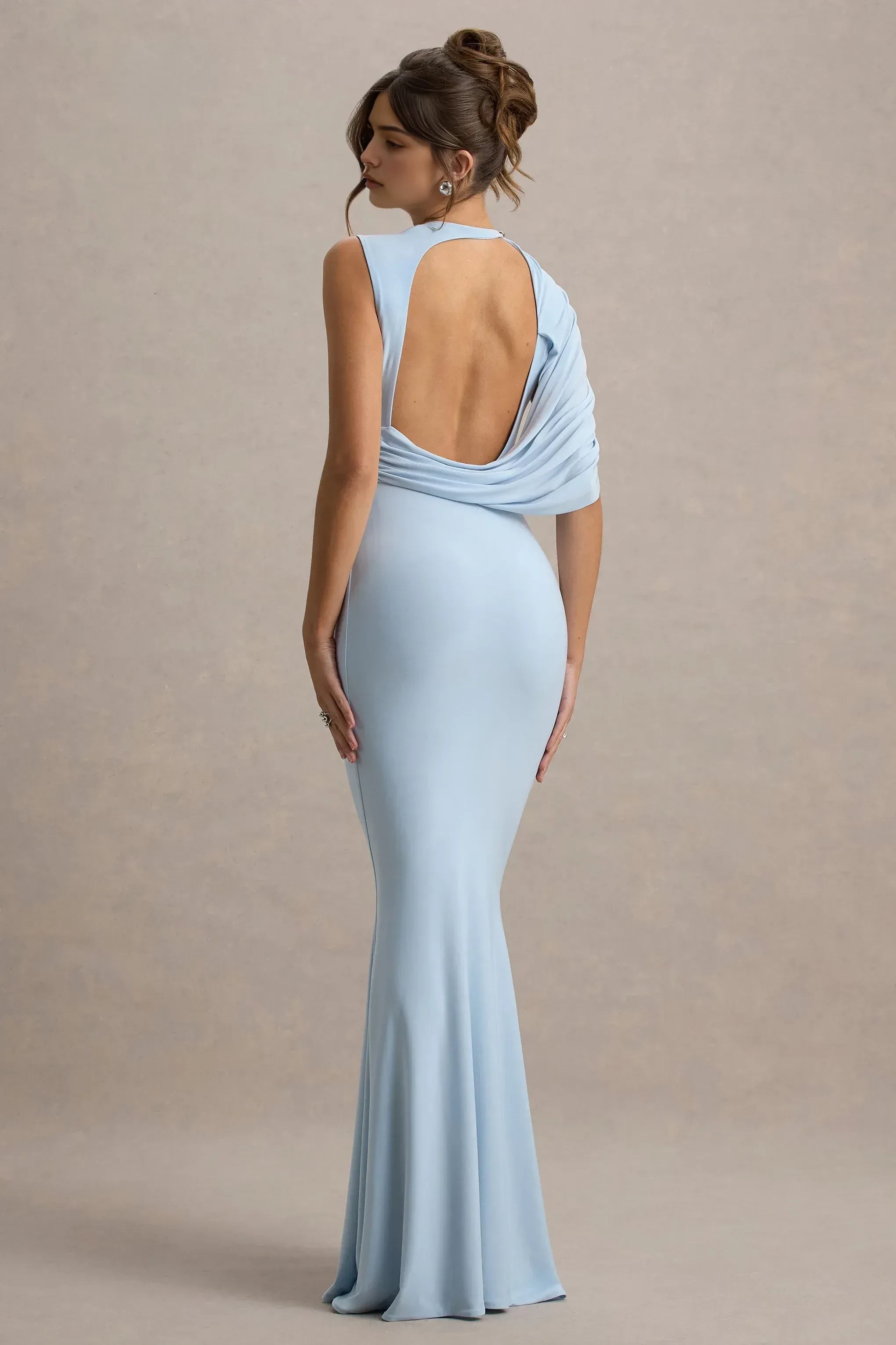 Enchanting Mermaid Crew Neck Asymmetric Draped Sleeve Open Back Floor Length Prom Dress