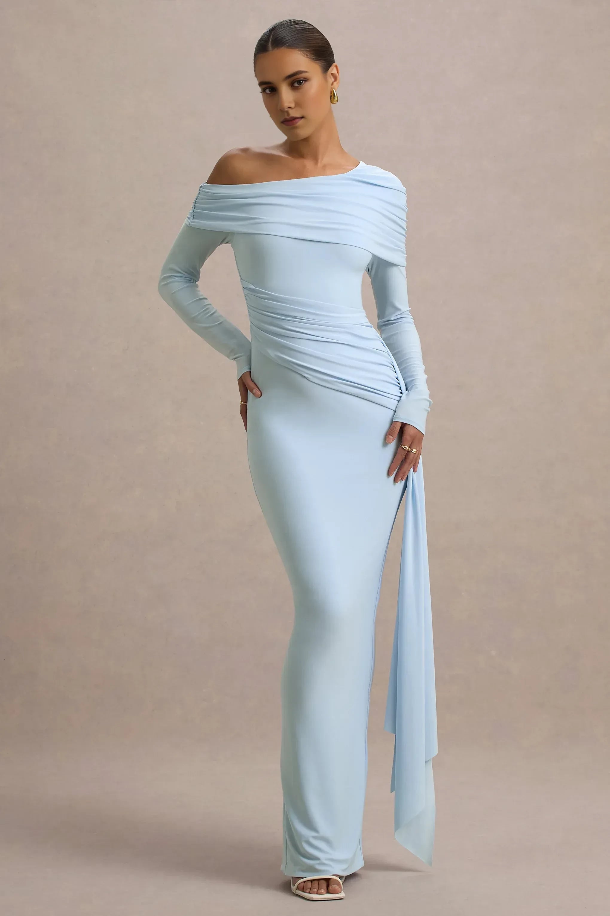 Enchanting Mermaid One Shoulder Long Sleeve Ruched Drape Floor Length Prom Dress