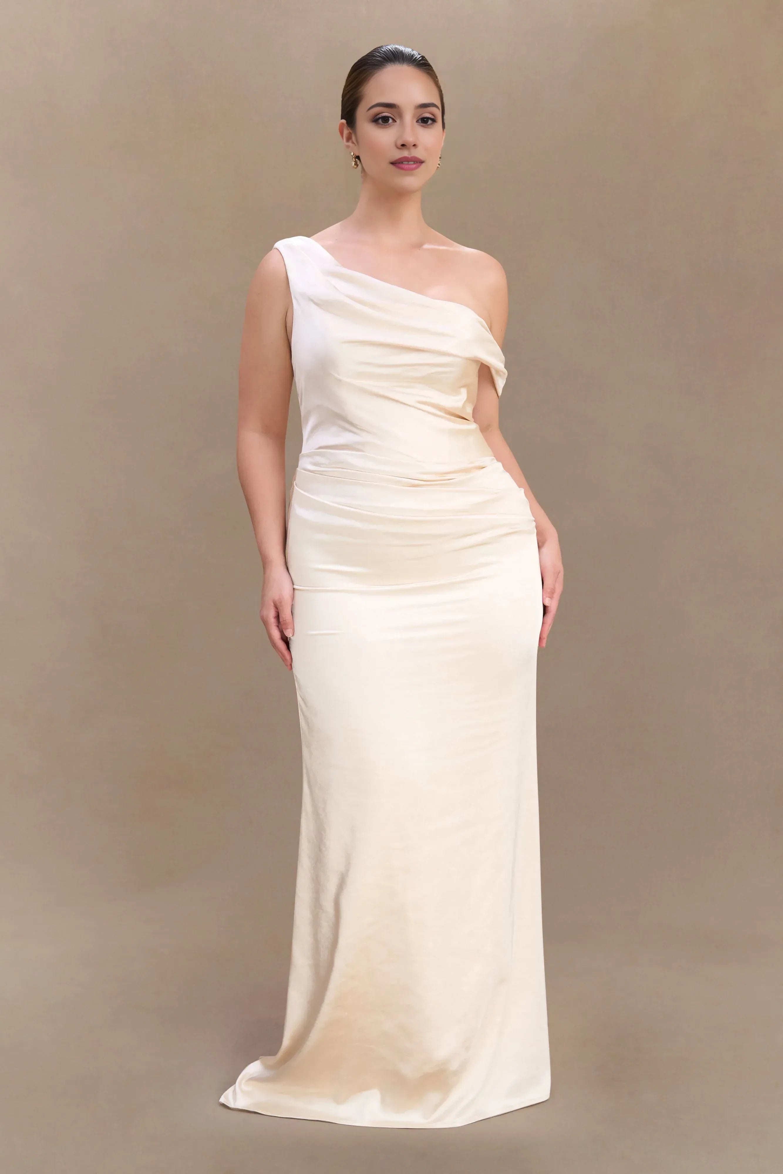 Enchanting Plus Size Sheath One Shoulder Sleeveless Draped Back Floor Length Prom Dress