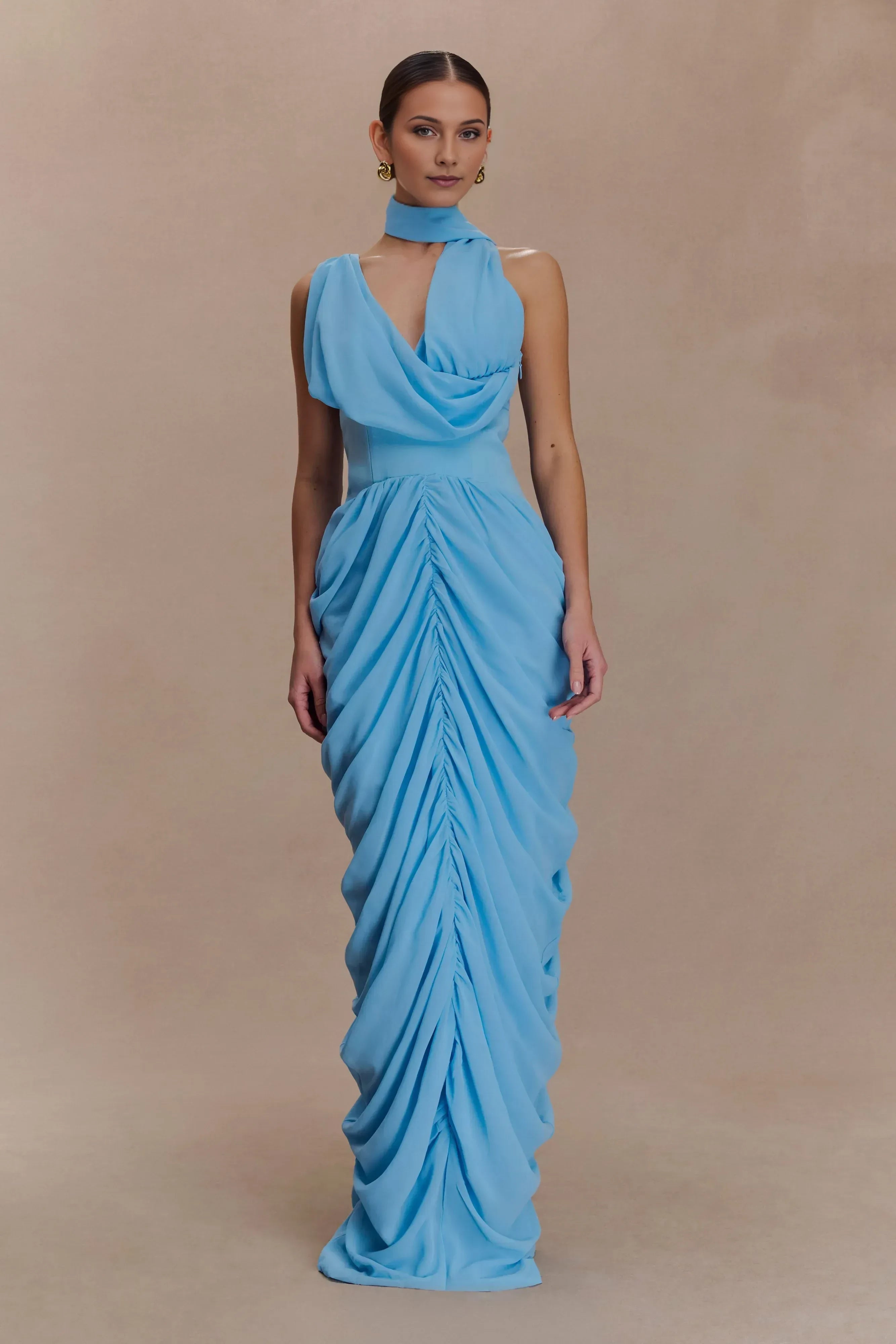 Enchanting Sheath Cowl Neck Sleeveless Draped Back Floor Length Prom Dress