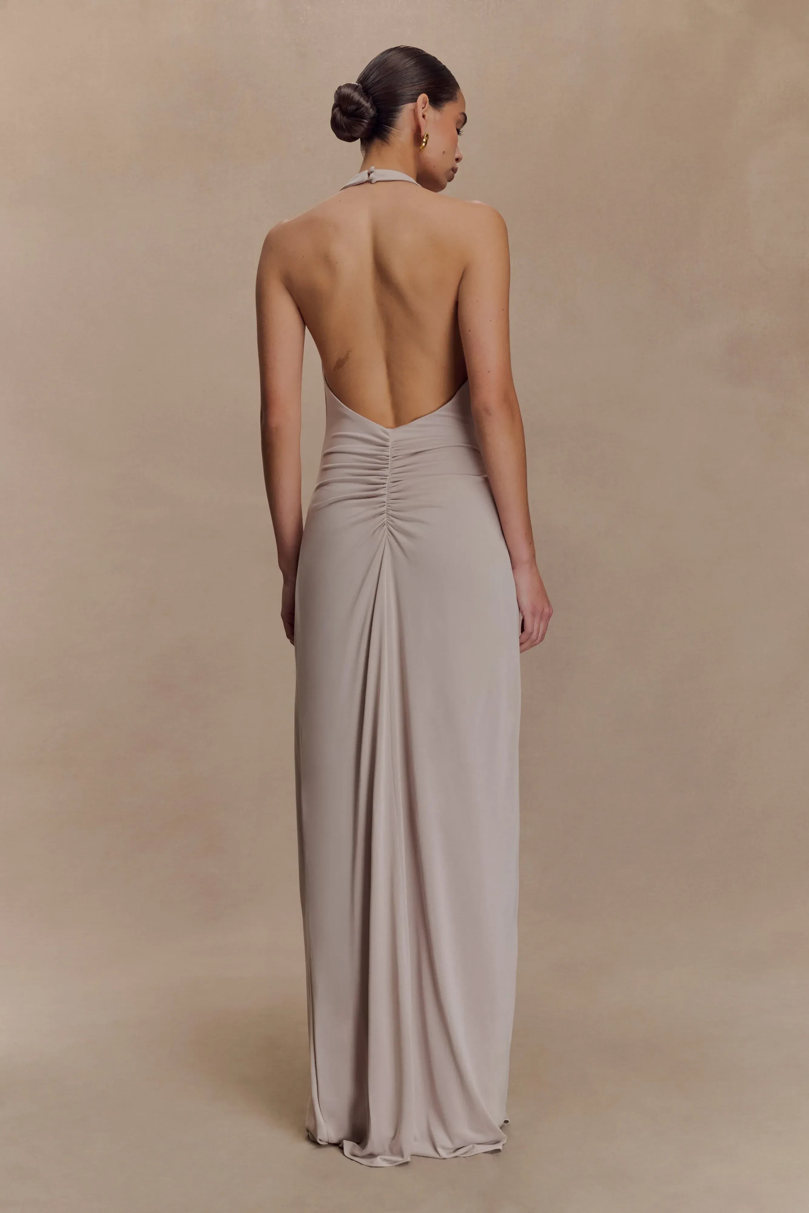 Enchanting Sheath Halter Neck Sleeveless Ruched Back Floor Length Prom Dress