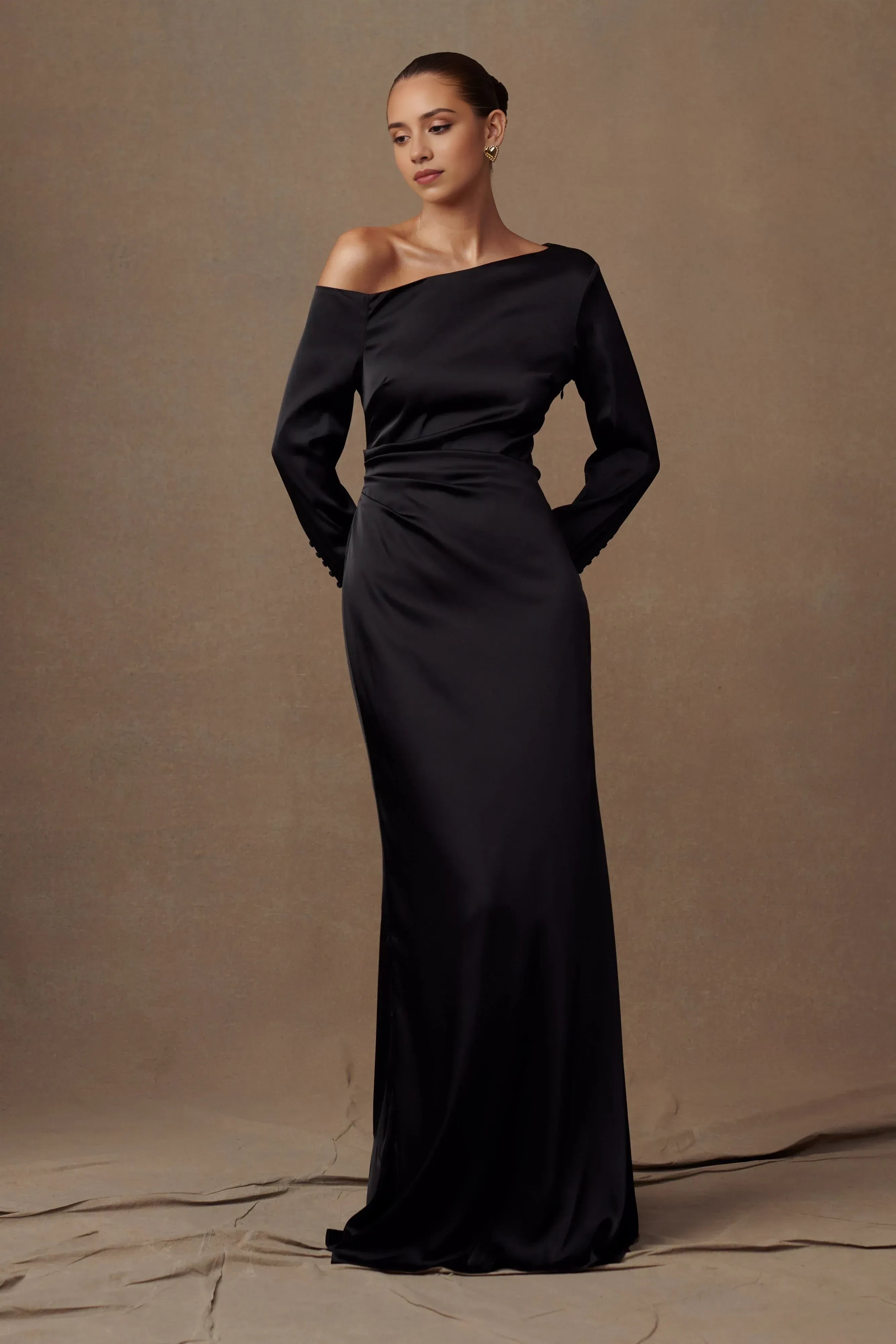 Enchanting Sheath One Shoulder Long Sleeve Ruched Back Floor Length Prom Dress