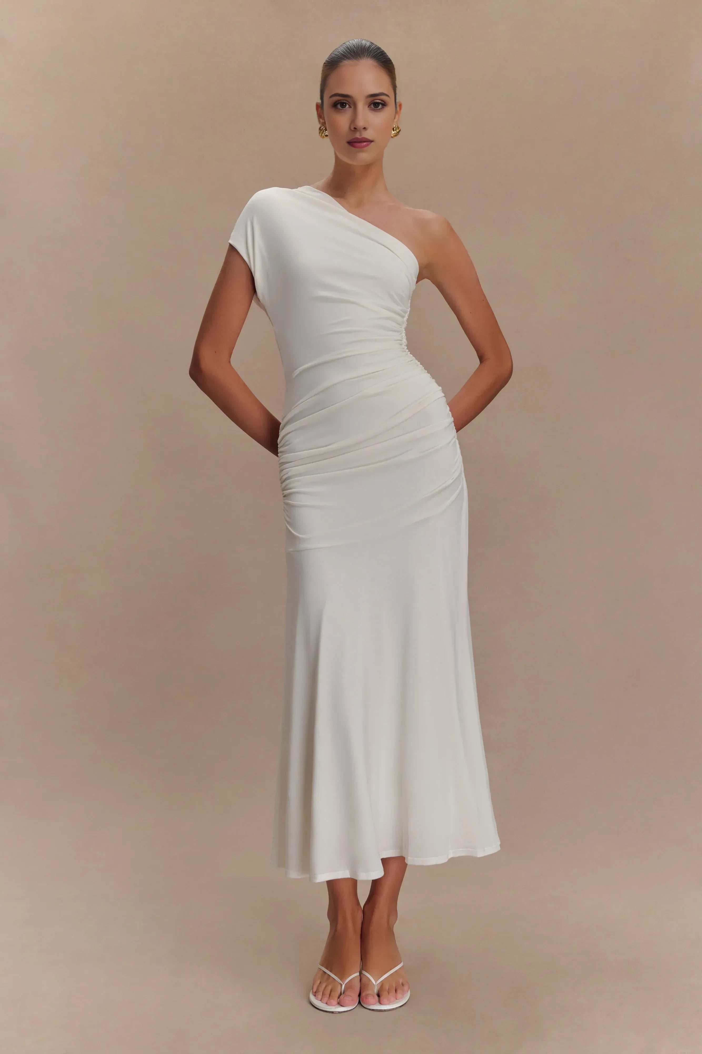 Enchanting Sheath One Shoulder Short Sleeve Ruched Back Midi Length Prom Dress