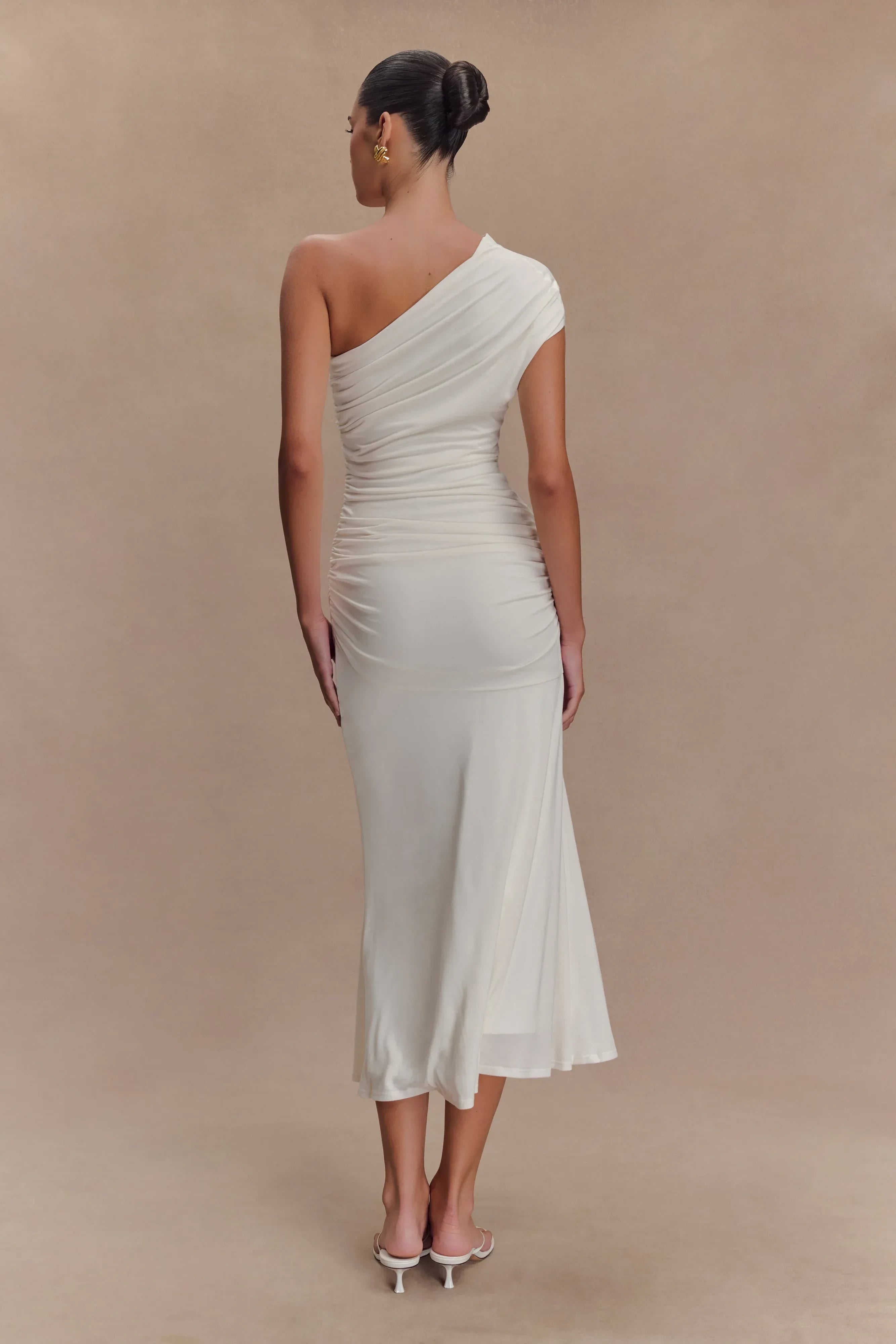 Enchanting Sheath One Shoulder Short Sleeve Ruched Back Midi Length Prom Dress