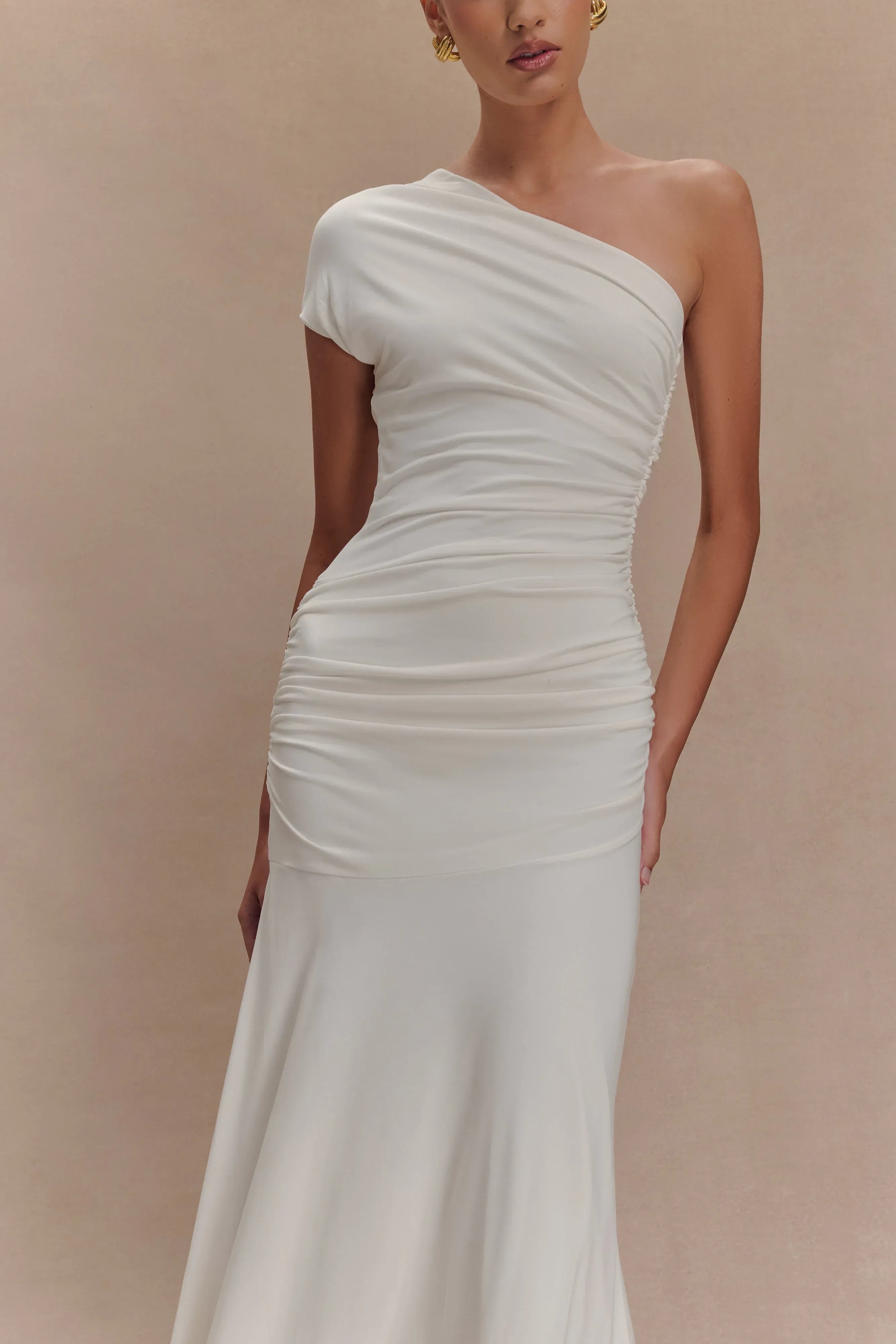 Enchanting Sheath One Shoulder Short Sleeve Ruched Back Midi Length Prom Dress