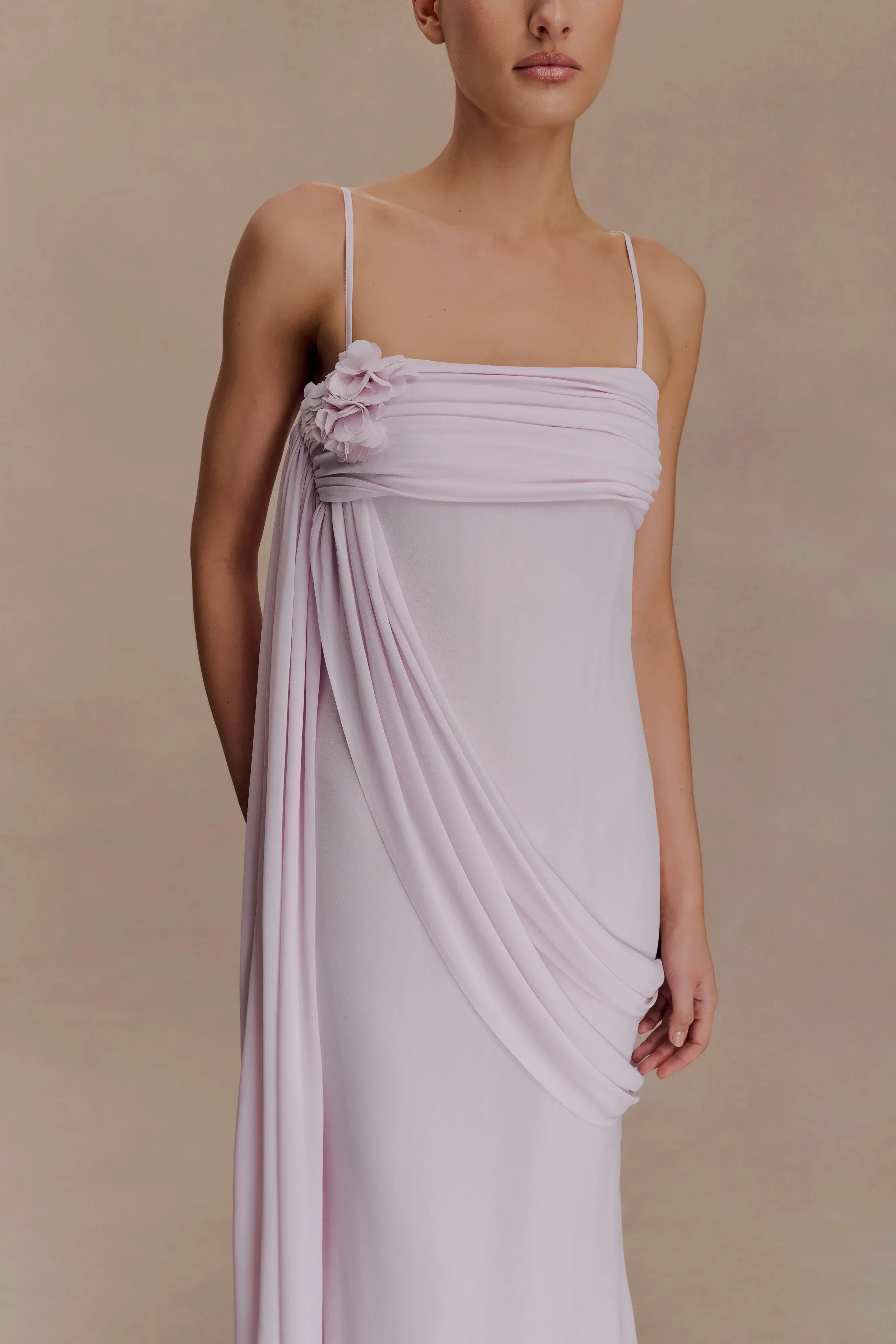 Enchanting Sheath Square Neck Spaghetti Strap Draped Floral Detail Floor Length Prom Dress