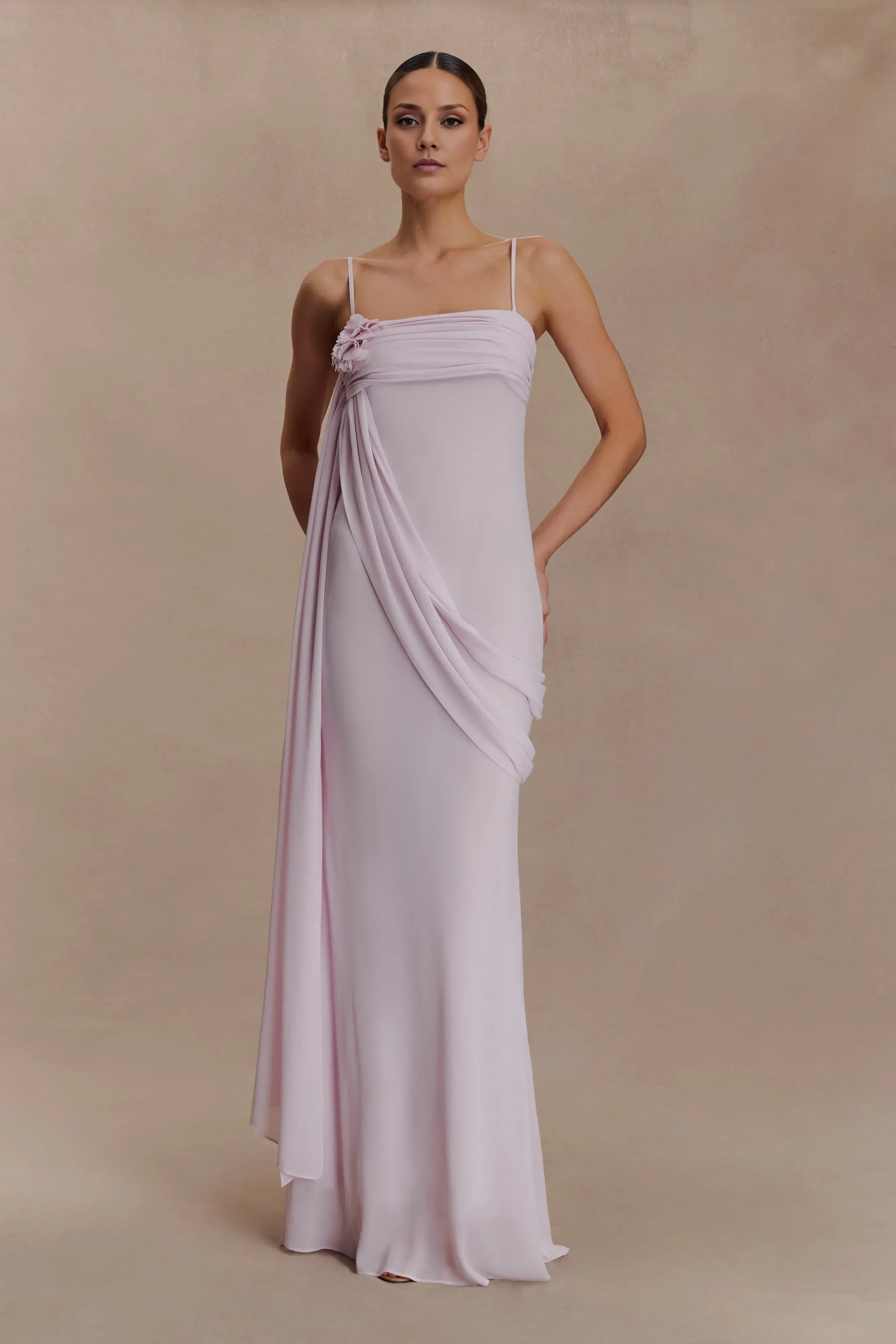 Enchanting Sheath Square Neck Spaghetti Strap Draped Floral Detail Floor Length Prom Dress
