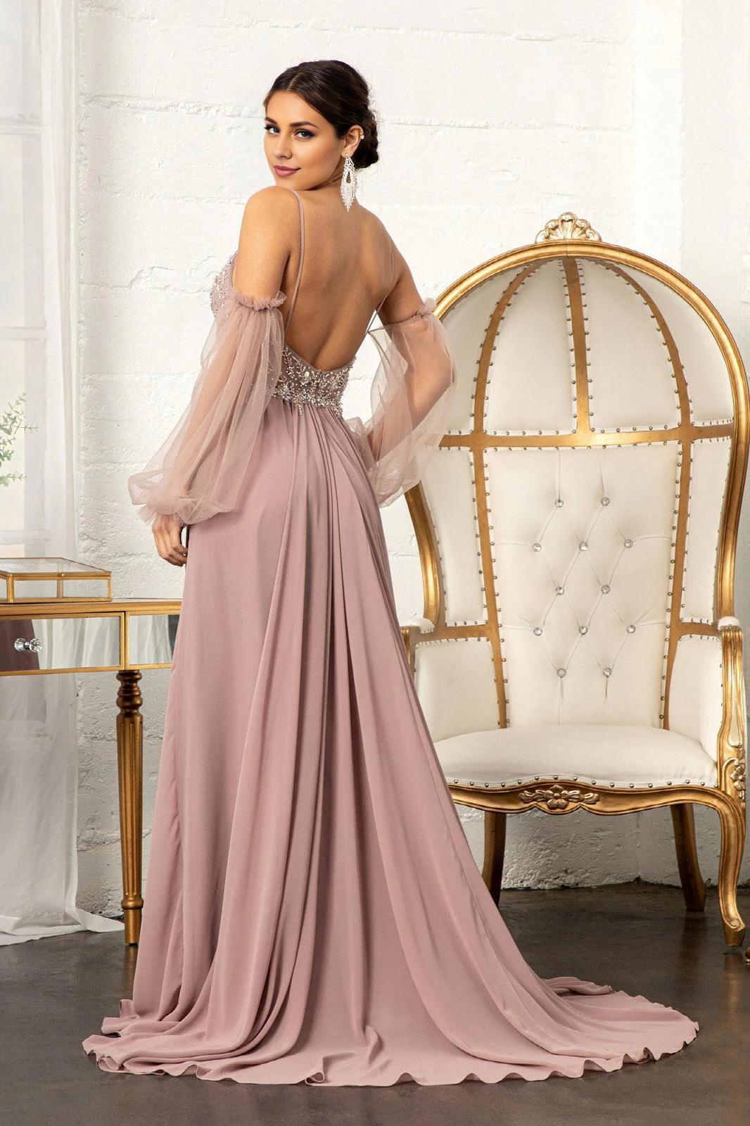 Ethereal A-Line Sweetheart Bishop Sleeve Open Back Train Floor Length Prom Dress