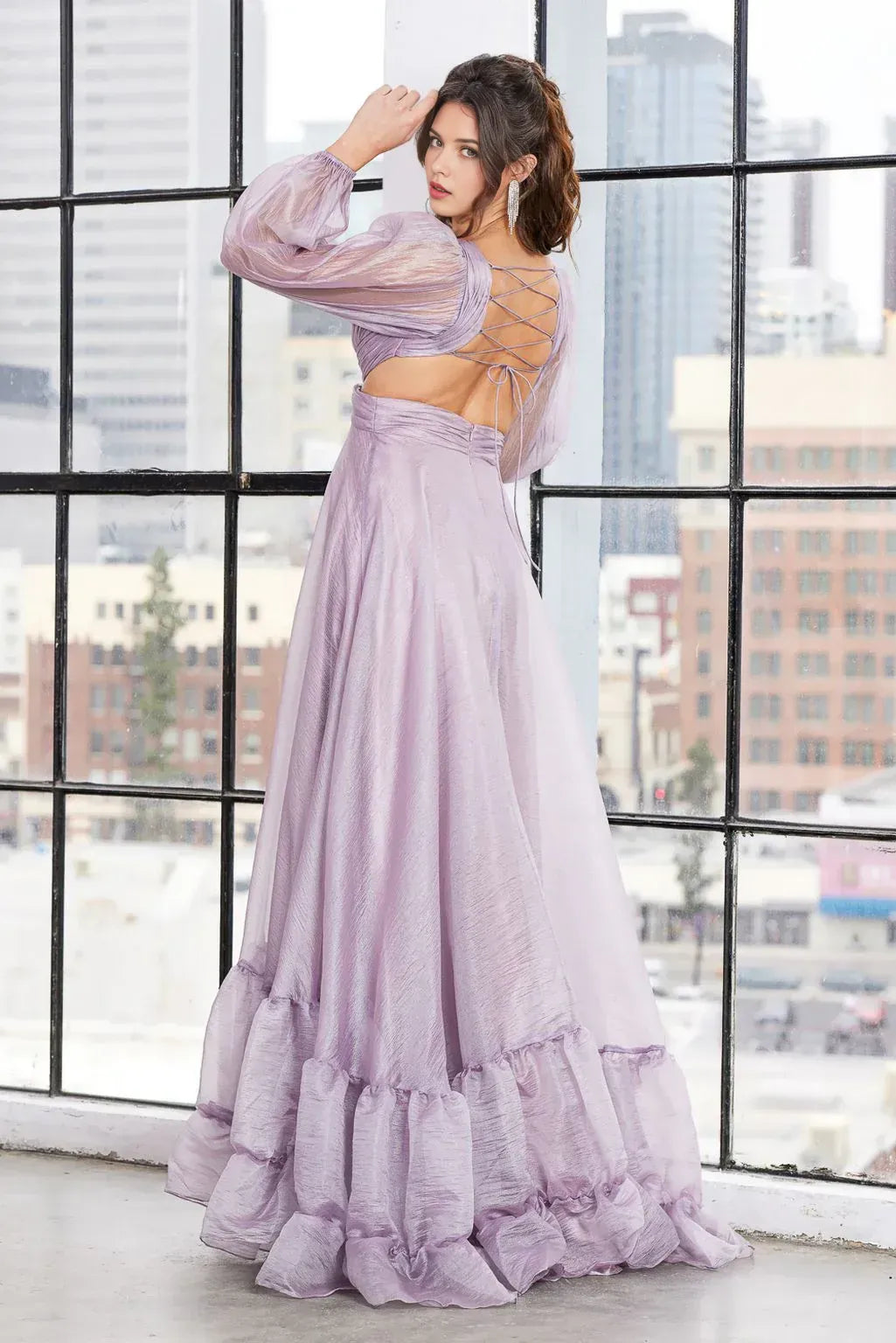 Ethereal A-Line V-Neck Bishop Sleeve Lace Up Back Floor Length Prom Dress